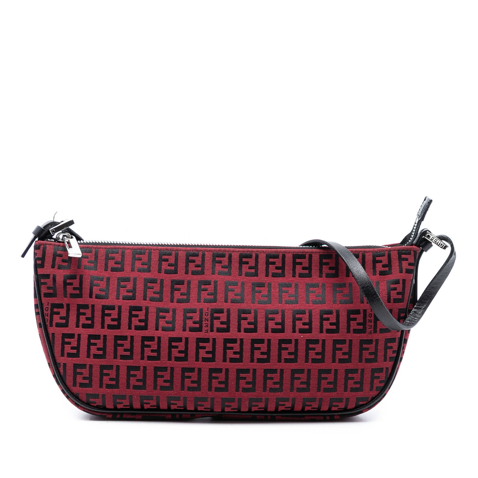 Fendi Zucchino Red Canvas Shoulder Bag with Leather Trim: Fendi Zucchino Red Canvas Shoulder Bag with Leather Trim This Fendi Zucchino Canvas Pochette is a stylish shoulder bag featuring a canvas body with leather trim, a flat leather strap, and a top zip cl