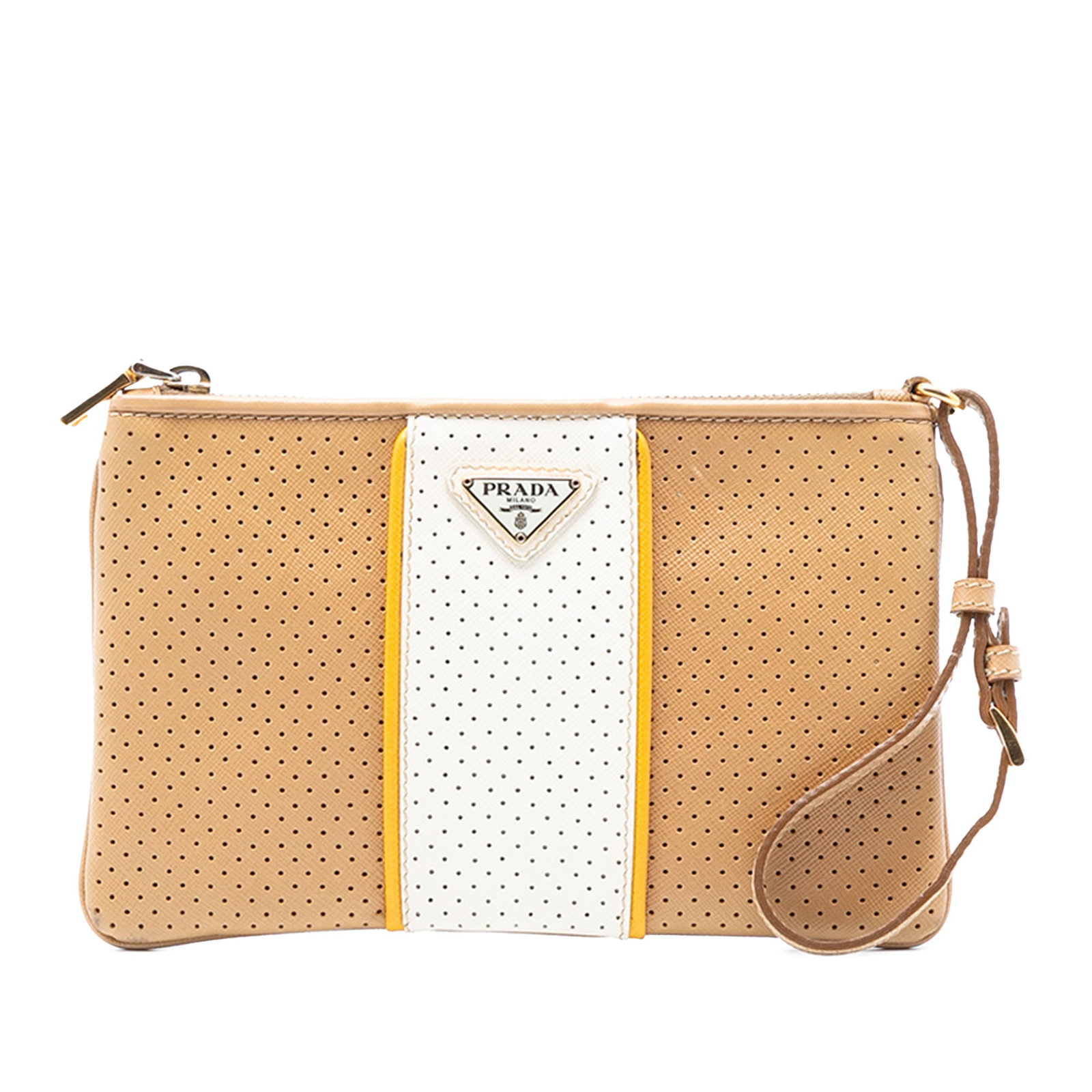 Prada Brown Leather Perforated Saffiano Zip Wristlet Clutch Bag (1 of 6)
