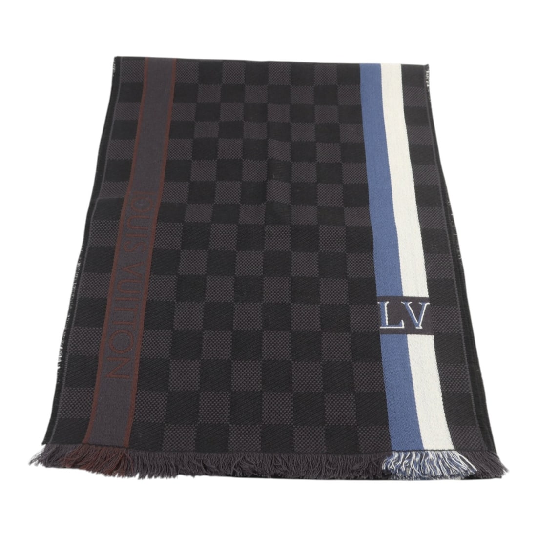 Louis Vuitton Black and Blue Wool Men's Scarf M70339: Louis Vuitton Black and Blue Wool Men's Scarf M70339 This Louis Vuitton scarf is crafted from wool and features a black and blue color palette. Designed for men, it is made in France and comes in a re