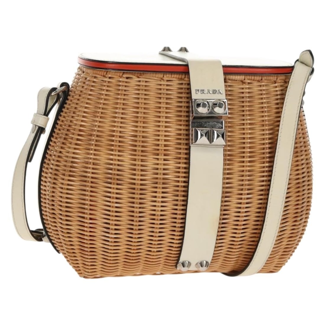 PRADA Wicker Leather Basket Shoulder Bag White Beige Silver Authentic: PRADA Wicker Leather Basket Shoulder Bag White Beige Silver Authentic Presenting the exquisite PRADA Basket Bag, a stunning shoulder bag crafted from wood in an elegant combination of white, beige, an