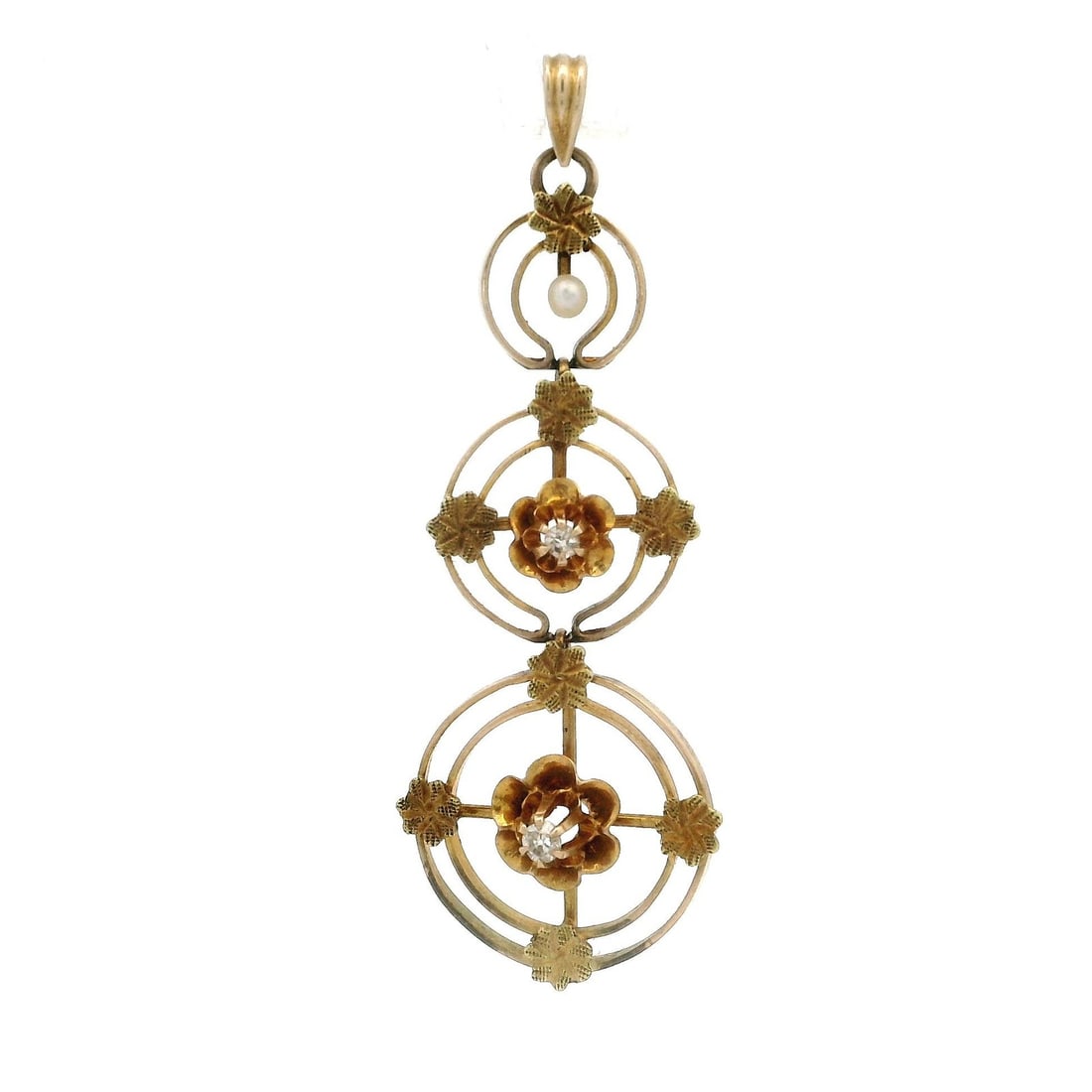 Antique 10k Gold Diamond Pearl Lavalier Pendant Necklace: Antique 10k Gold Diamond Pearl Lavalier Pendant Necklace This exquisite antique pendant features a stunning combination of genuine diamonds and a cultured pearl, crafted in solid 10k yellow and green