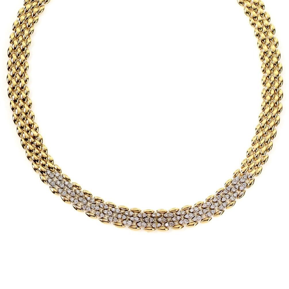 14k Yellow White Gold Diamond Gentiane Rice Link Necklace: 14k Yellow White Gold Diamond Gentiane Rice Link Necklace This exquisite estate collar necklace is meticulously crafted from 14k yellow and white gold, showcasing a stunning design of gentiane rice li