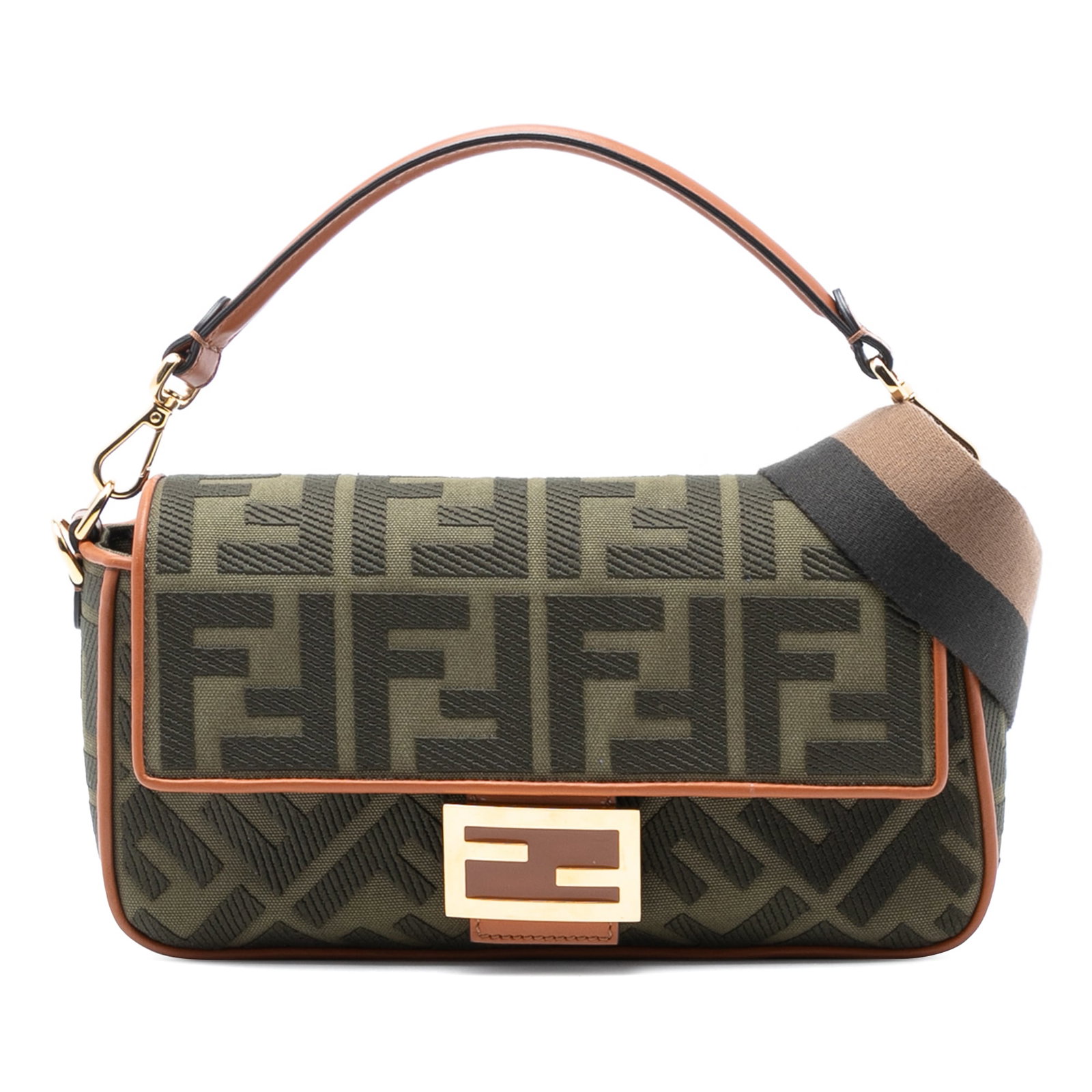 Fendi Zucca Baguette Satchel Embroidered Canvas With Leather Trim: Fendi Zucca Baguette Satchel Embroidered Canvas With Leather Trim This Fendi Zucca Embroidered Canvas Baguette Satchel features an embroidered canvas body accented with leather trim. It is designed wi