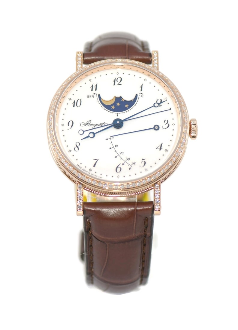 Breguet Classique Moonphase Diamond 18K Rose Gold Watch Ref 8788: Breguet Classique Moonphase Diamond 18K Rose Gold Watch Ref 8788 Discover the exquisite Breguet Classique Moonphase Diamond Watch, a stunning wristwatch crafted from luxurious 18K rose gold. This eleg