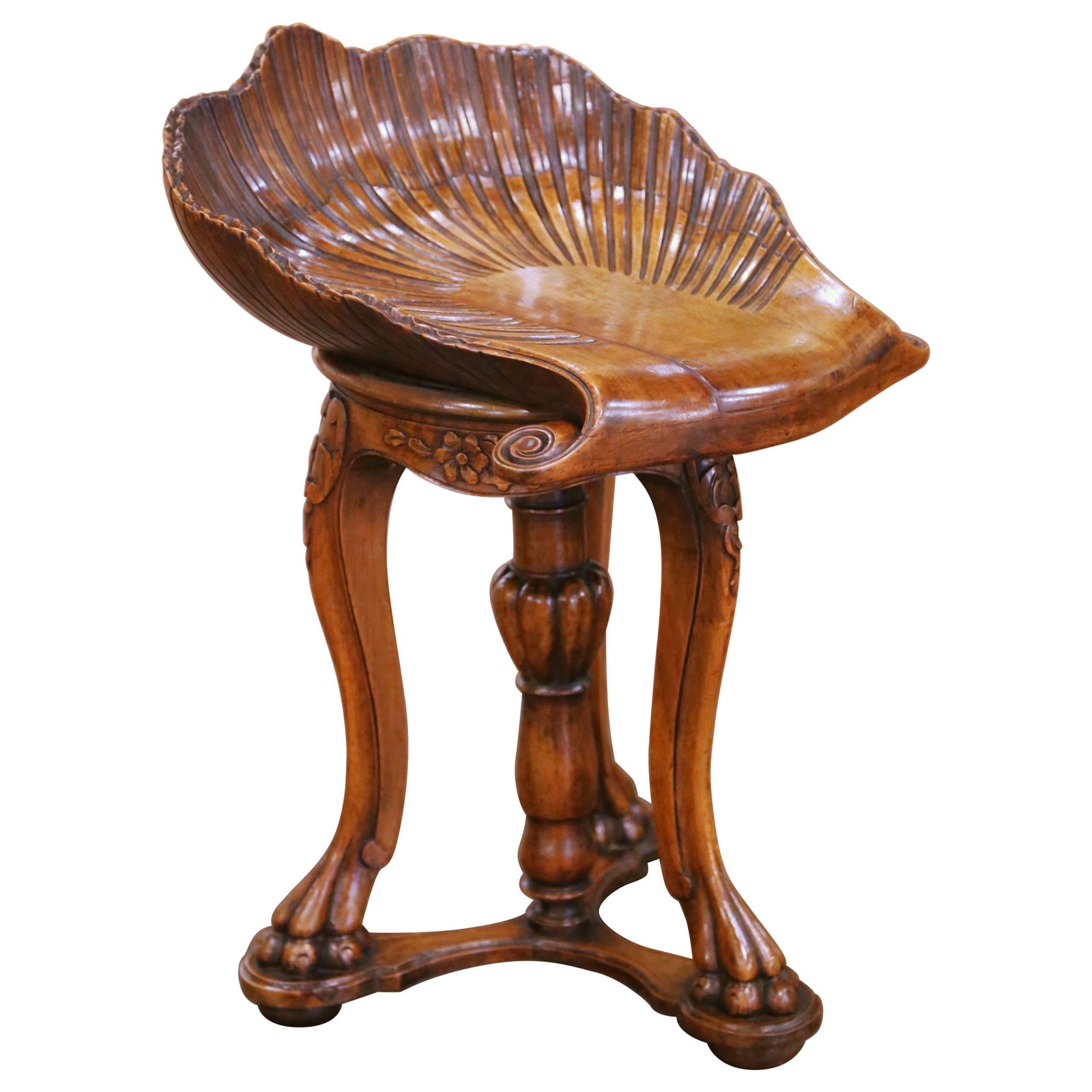 Louis XV Walnut Adjustable Piano Stool with Hand-Carved Shell Seat France c1870 (1 of 9)