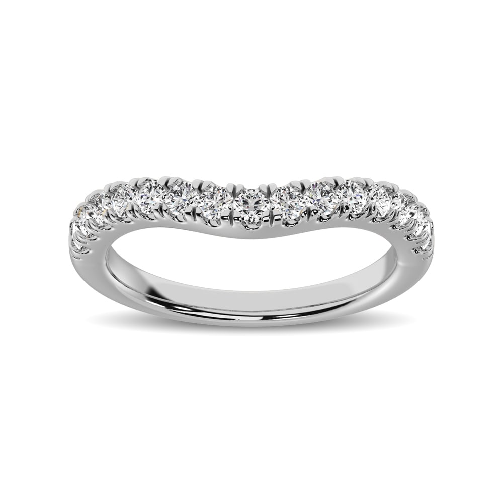 14K White Gold 1/2 Ct.Tw. Diamond Curve Band: 14K White Gold 1/2 Ct.Tw. Diamond Curve Band This Classic Curve Shape Band is available in 14K White Gold. There are 15 round diamonds with a total carat weight of 1/2 Ct.Tw. set in a Micro Prong sett