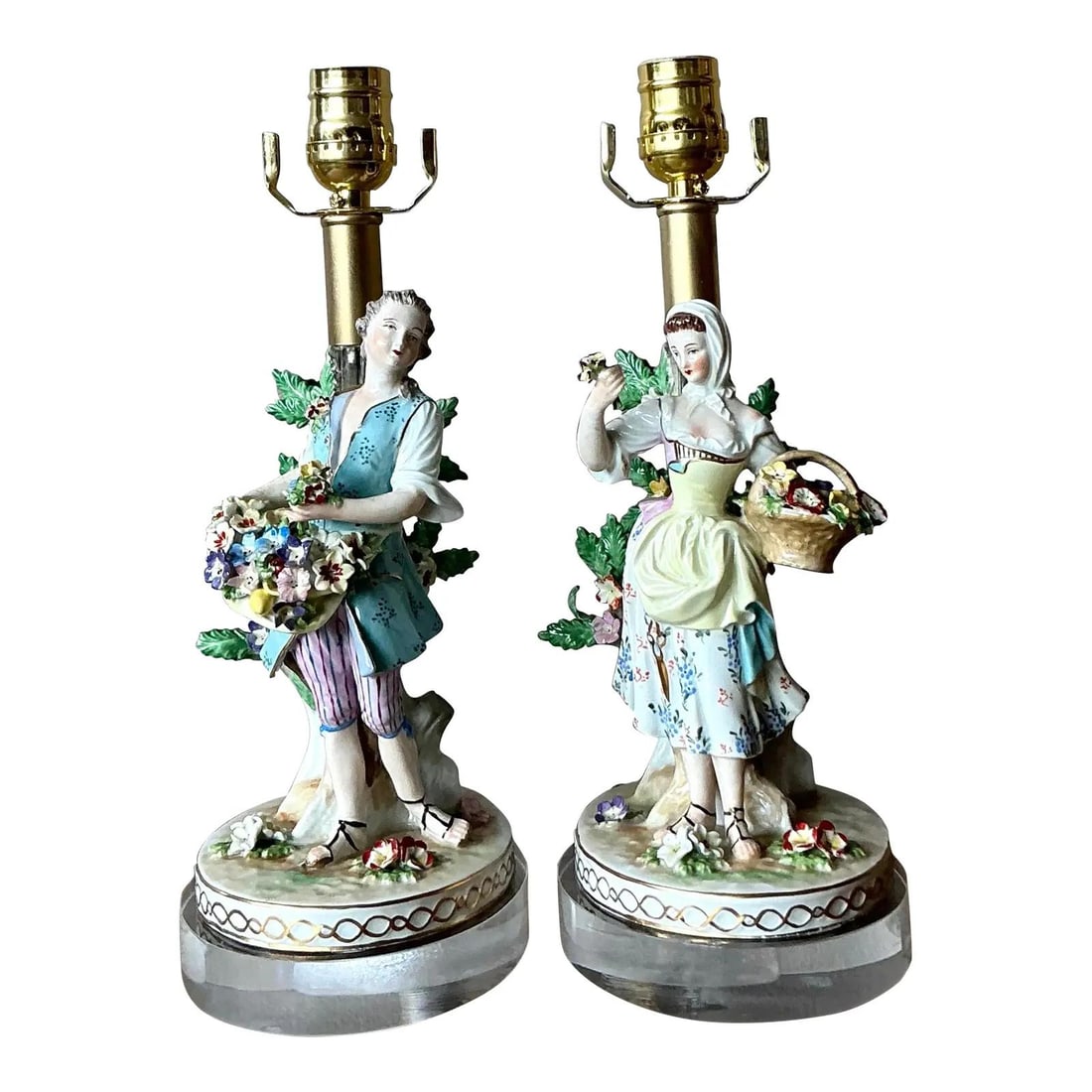 Pair of Rococo Style German Porcelain Figurine Table Lamps with Acrylic Bases (1 of 3)