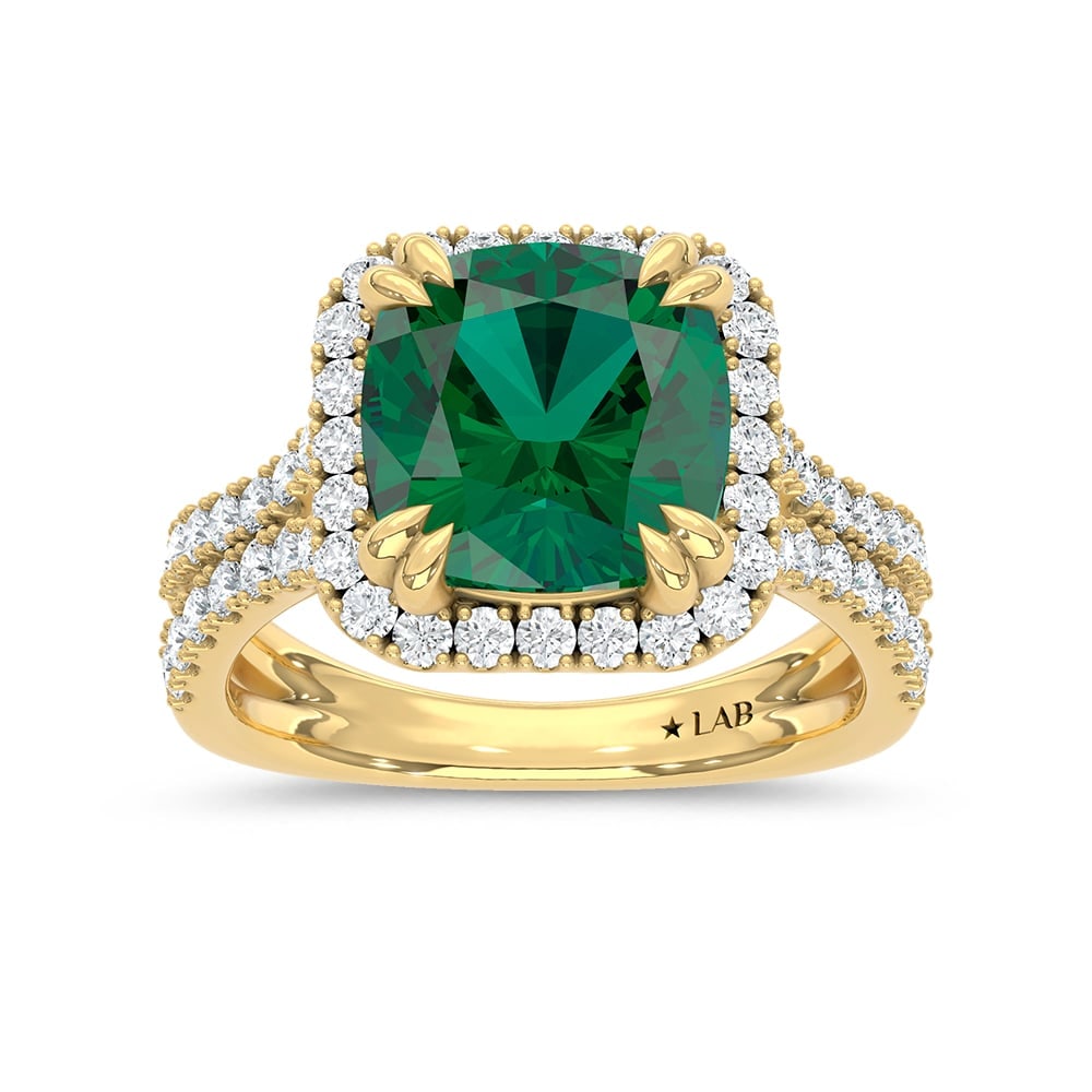14K Yellow Gold Lab Grown Diamond 4 3/4 Ct.Tw. Cushion Shape Recrystalized Emerald Engagement Ring: 14K Yellow Gold Lab Grown Diamond 4 3/4 Ct.Tw. Cushion Shape Recrystalized Emerald Engagement Ring (Center 3 7/8 ct) Embrace timeless sophistication with this 14K yellow gold engagement ring. Its cent