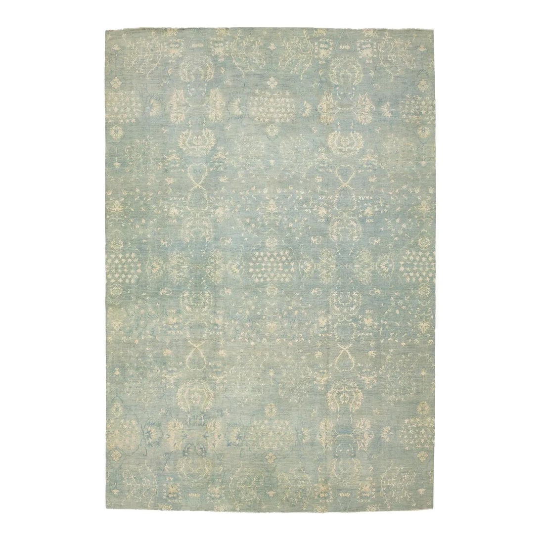 Blue Floral Design Handmade Wool Rug 13'9 x 20'1: Blue Floral Design Handmade Wool Rug 13'9 x 20'1 Enhance your space with this stunning Blue Transitional Handmade Wool and Silk Rug featuring an intricate floral design. This contemporary hand-knotted
