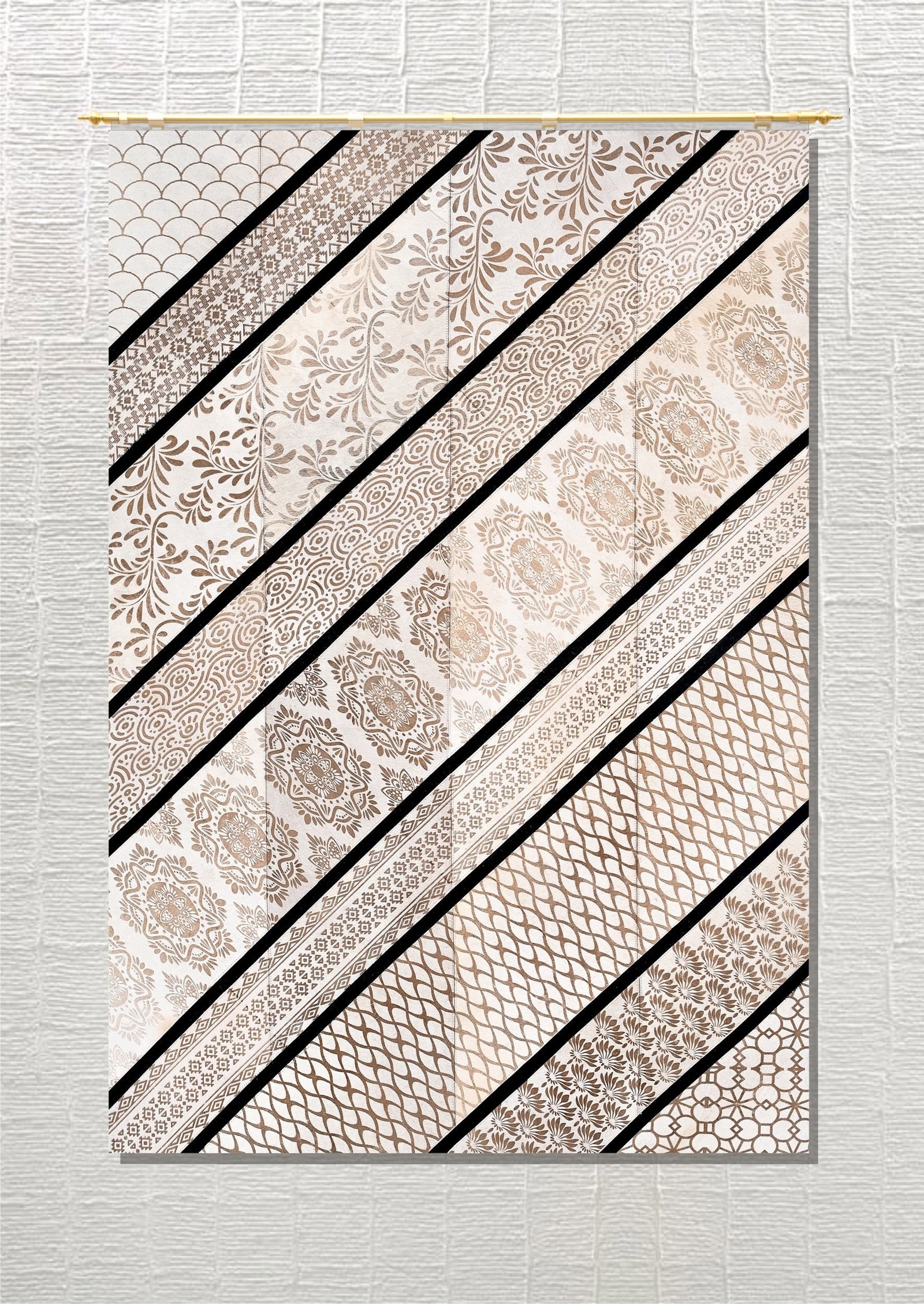 Handmade Cowhide Leather Area Rug Mixed Pattern Diagonal Stripe 3FT x 5FT: Handmade Cowhide Leather Area Rug Mixed Pattern Diagonal Stripe 3FT x 5FT Free continental US Shipping This handmade area rug is crafted from 100% genuine hair-on cowhide leather, featuring a bold dia