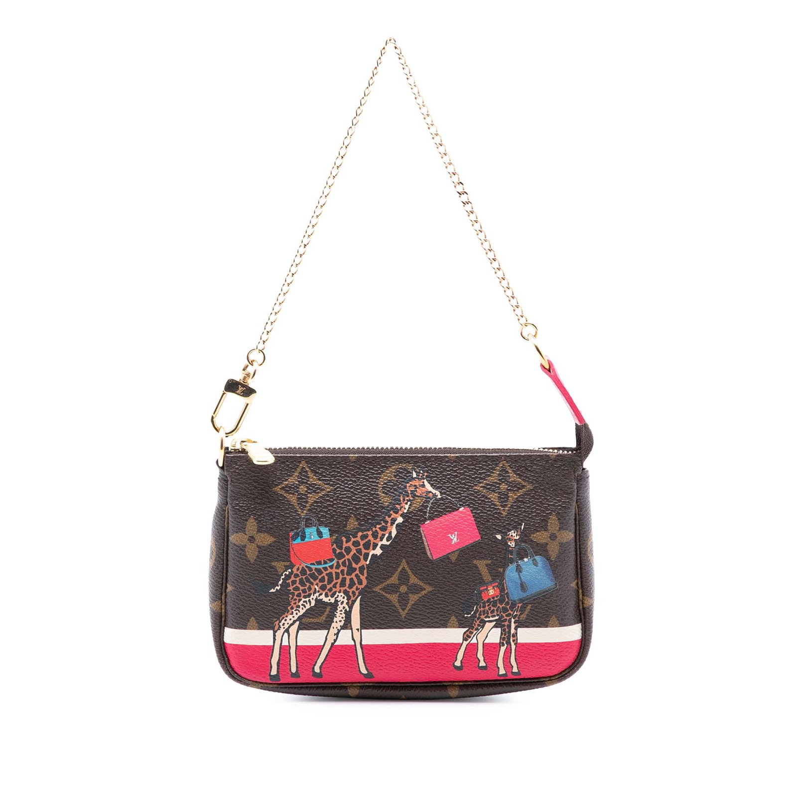 Louis Vuitton Mini Pochette Monogram Bag with Giraffe Holiday Motif: Louis Vuitton Mini Pochette Monogram Bag with Giraffe Holiday Motif This Louis Vuitton Monogram Giraffe Christmas Mini Pochette Accessoires features a monogram canvas body with a gold-tone chain link