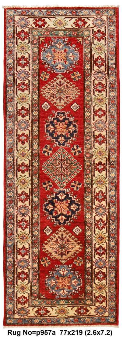 Handmade Kazak Runner 2.6 x 7.2 ft Fine Wool Soft Silky Quality: Handmade Kazak Runner 2.6 x 7.2 ft Fine Wool Soft Silky Quality Free continental US Shipping This exquisite Kazak runner features a soft, silky texture crafted from fine wool, measuring 2.6 x 7.2 feet