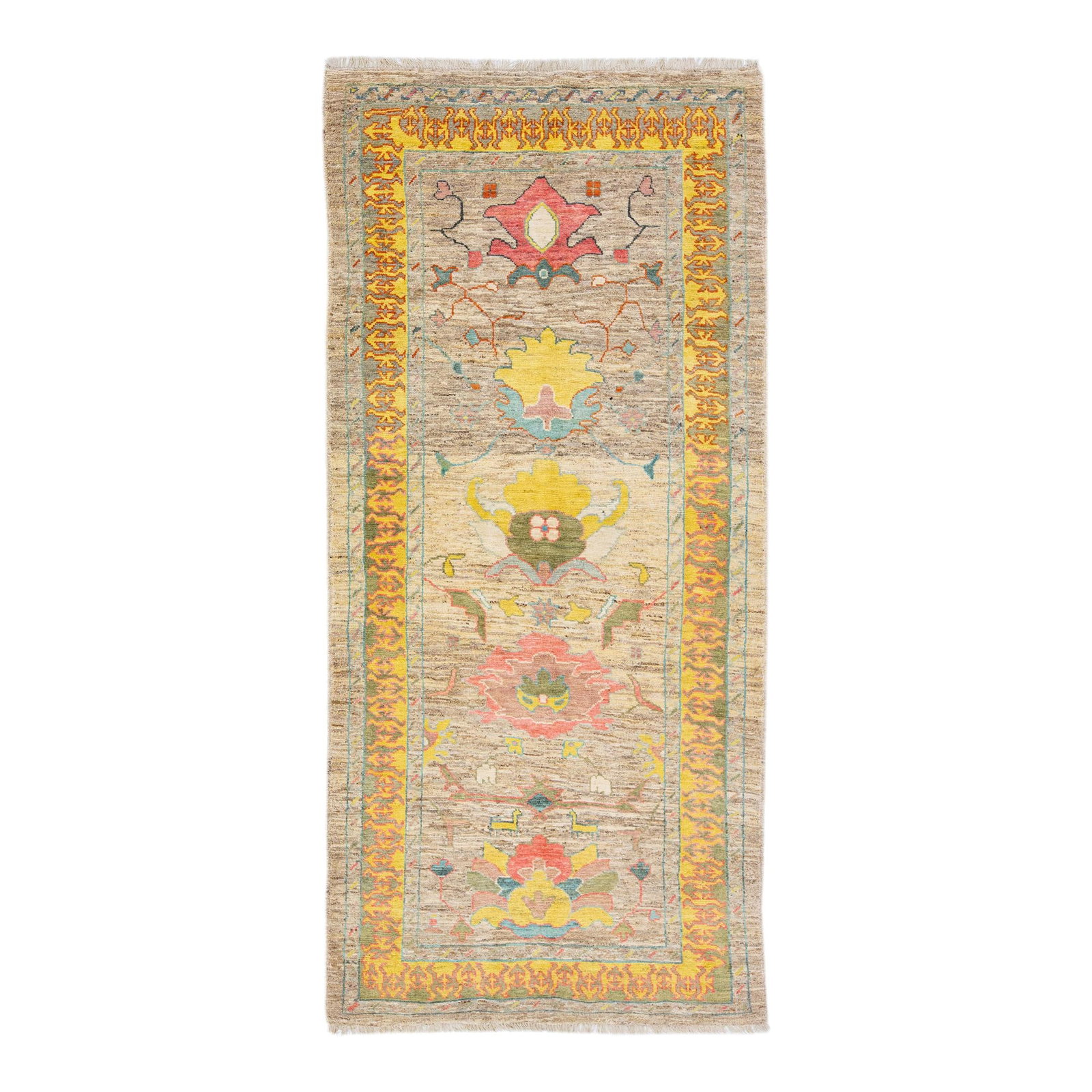 Modern Brown Oushak Floral Hand-Knotted Wool Runner 4'11" x 10'8" (1 of 10)