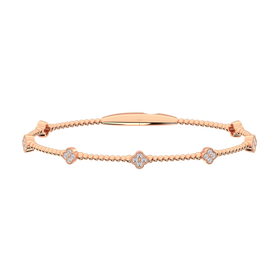 14K Rose Lab Grown 1/2 Ct.Tw. Clover Flexi Bangle: 14K Rose Lab Grown 1/2 Ct.Tw. Clover Flexi Bangle This charming 14K Rose Gold clover flexi bangle features lab grown diamonds totaling 1/2 Ct.Tw., offering delicate sparkle with symbolic elegance. 14k