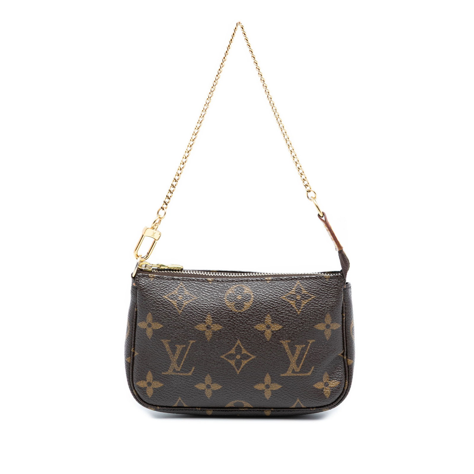 Louis Vuitton brown monogram canvas Mini Pochette with gold-tone chain strap: Louis Vuitton brown monogram canvas Mini Pochette with gold-tone chain strap This Louis Vuitton Monogram Mini Pochette Accessoires features a monogram canvas body with a gold-tone chain strap and a to