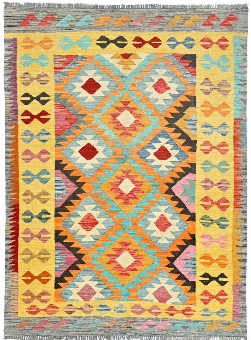Hand-Woven Wool Area Rug Geometric Kilim Modern Reversible 4'10 x 6'7: Hand-Woven Wool Area Rug Geometric Kilim Modern Reversible 4'10 x 6'7 This multicolor geometric kilim rug features a flat-woven design and is hand-woven from wool. The rug is reversible and showcases