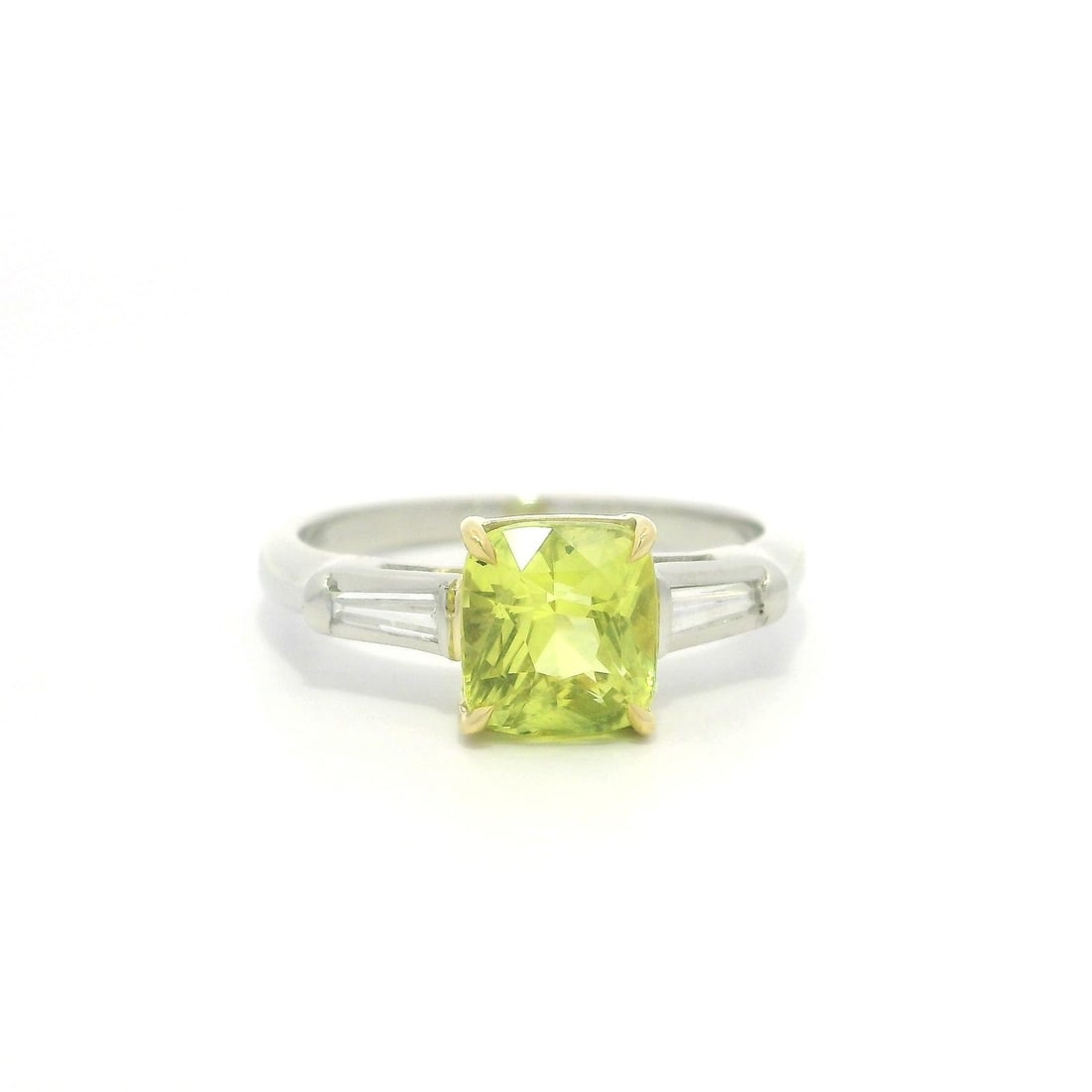 Vintage 18k Yellow Gold Platinum AGCL 2.28ct Yellow Sapphire Diamond Ring: Vintage 18k Yellow Gold Platinum AGCL 2.28ct Yellow Sapphire Diamond Ring This exquisite vintage cocktail ring features a stunning natural cushion-cut yellow sapphire, weighing 2.10ct, prong set in so