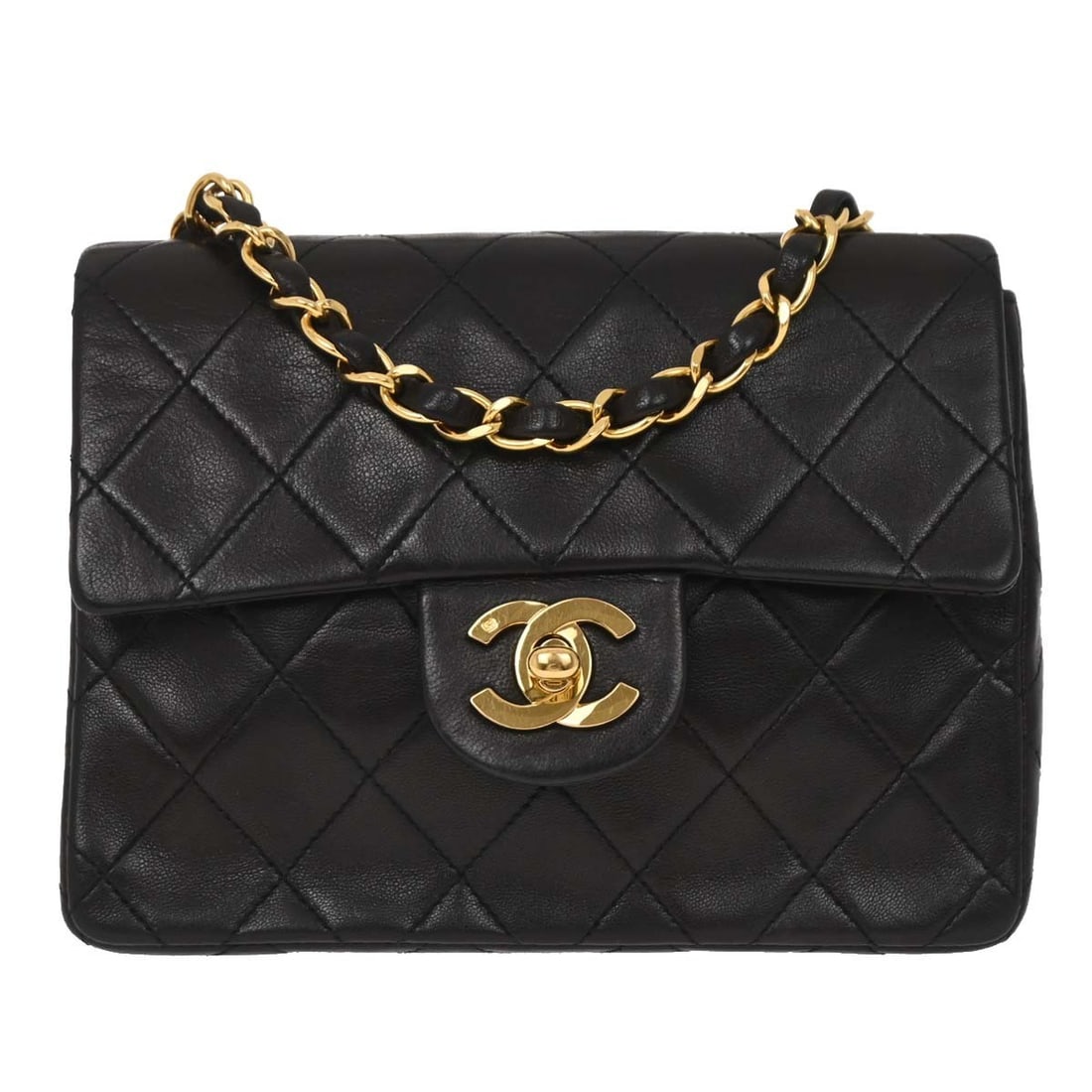 Chanel Mini Classic Square Flap Black Lambskin Crossbody Shoulder Bag: Chanel Mini Classic Square Flap Black Lambskin Crossbody Shoulder Bag This Chanel Mini Classic Square Flap Shoulder Bag is crafted from black lambskin leather with a signature matelasse quilted patter