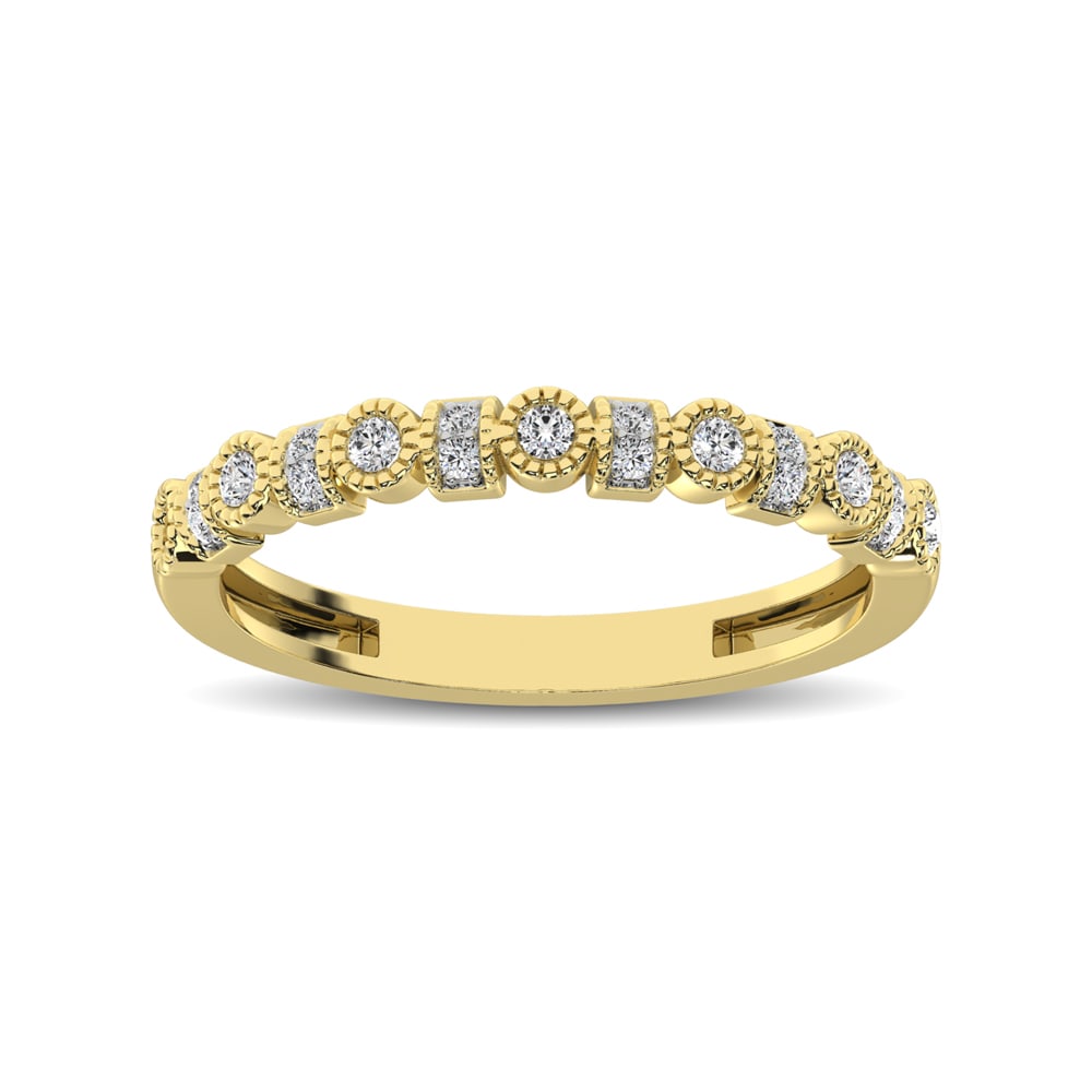 14K Yellow Gold 1/6 Ct.tw Diamond Band: 14K Yellow Gold 1/6 Ct.tw Diamond Band This vintage style stackable band crafted in warm 14K Yellow Gold and features bezel-set round diamonds alternating with reCt.Tw.angular frames sparkling with tw