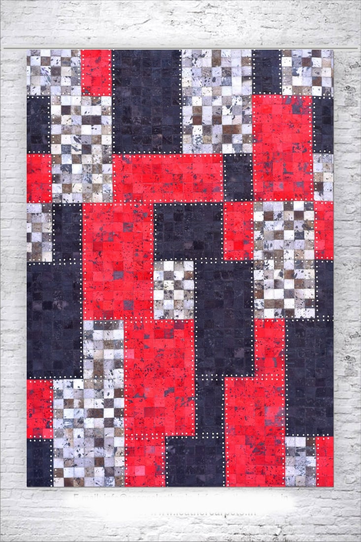 Luxury Crimson Charcoal Patchwork Cowhide Leather Rug 3FTx5FT Handcrafted: Luxury Crimson Charcoal Patchwork Cowhide Leather Rug 3FTx5FT Handcrafted Free continental US Shipping This handcrafted patchwork rug features a striking geometric design in vibrant crimson, deep burg