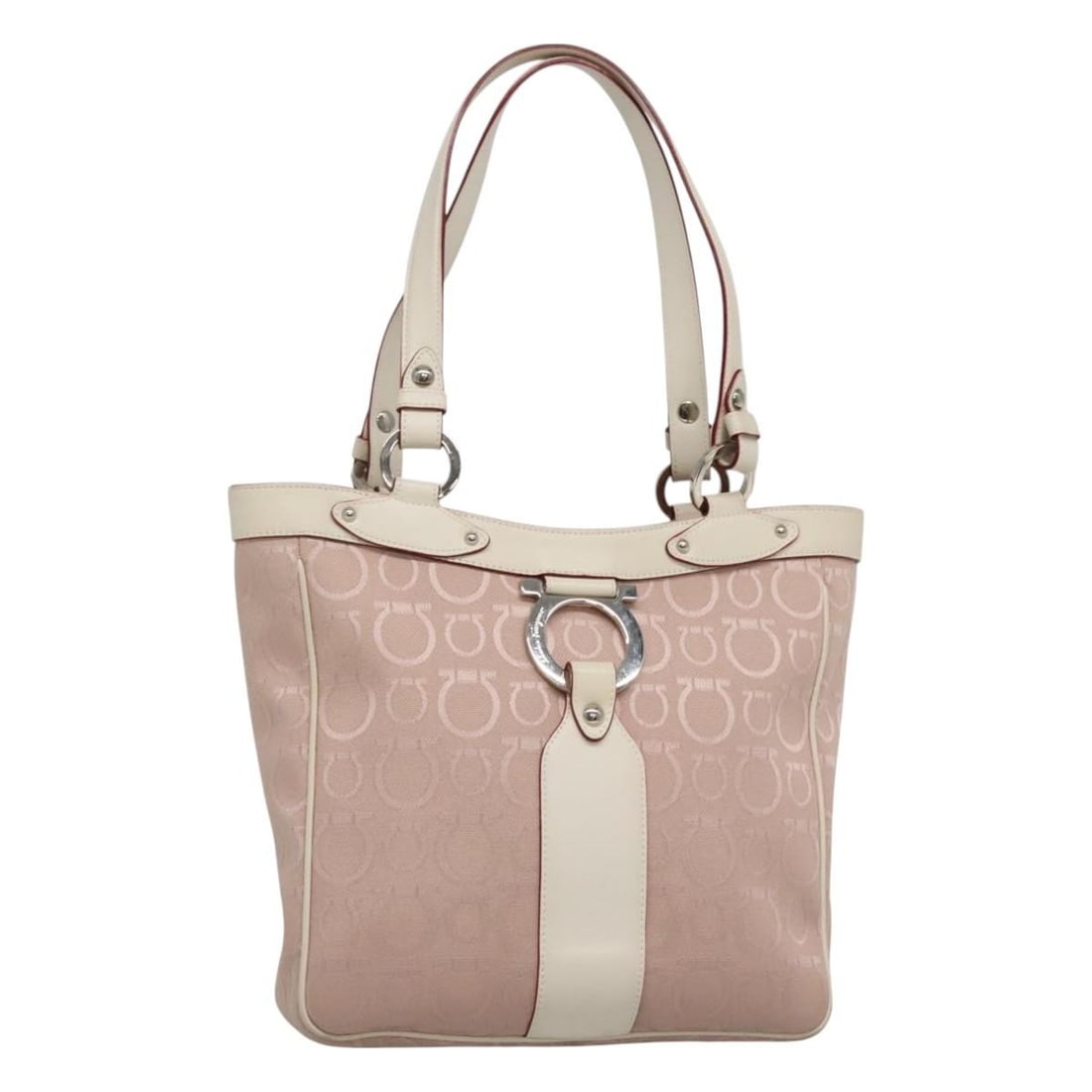 Pink Canvas Tote Bag by Salvatore Ferragamo Gancini 26x24x7cm: Pink Canvas Tote Bag by Salvatore Ferragamo Gancini 26x24x7cm This Salvatore Ferragamo Gancini Tote for women features pink canvas material and metal fittings. The tote displays signs of wear includin