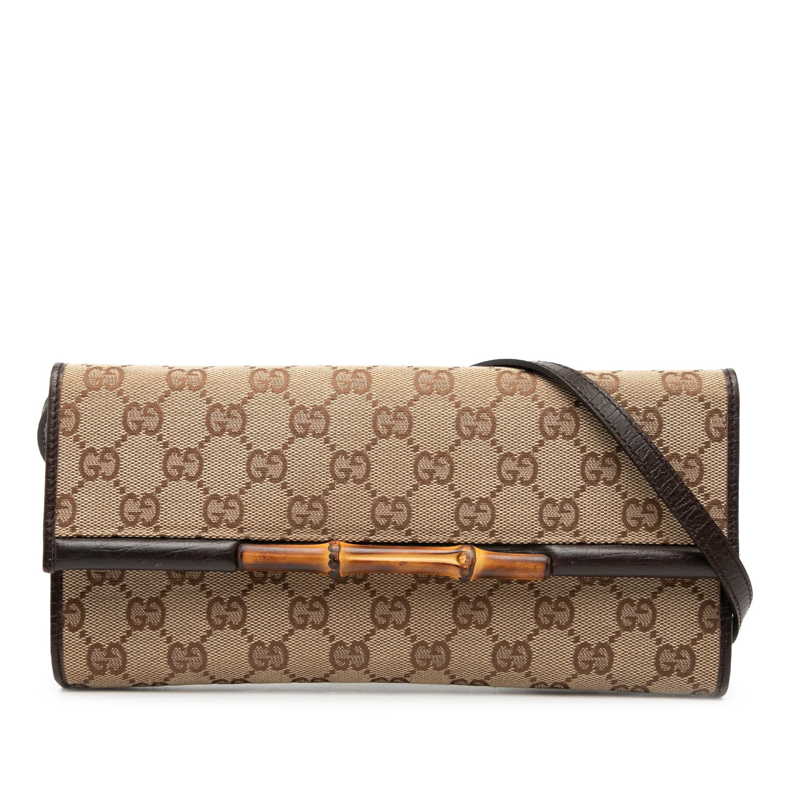 Gucci GG Canvas Crossbody Bag with Bamboo Accent and Leather Trim: Gucci GG Canvas Crossbody Bag with Bamboo Accent and Leather Trim This Gucci GG Canvas Bamboo Bar Crossbody features a canvas body with leather trim and bamboo detail. It is designed with a flat leath