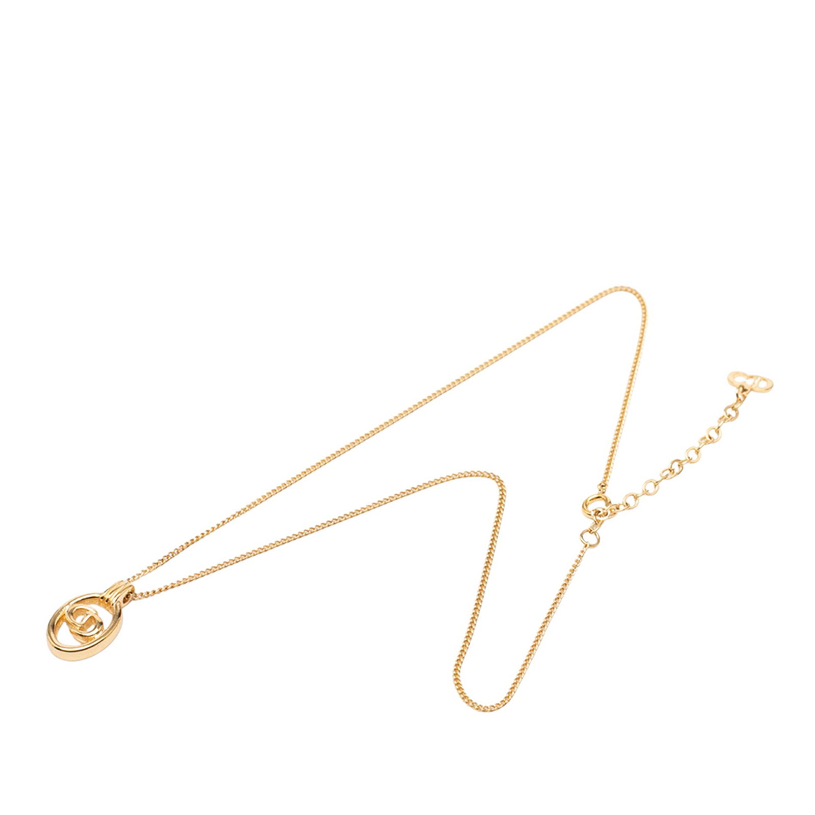 Dior Necklace with Gold Plated CD Logo Pendant: Dior Necklace with Gold Plated CD Logo Pendant This Dior necklace features a gold-plated metal body with a pendant displaying the CD logo and a spring ring closure. The item is categorized as costume