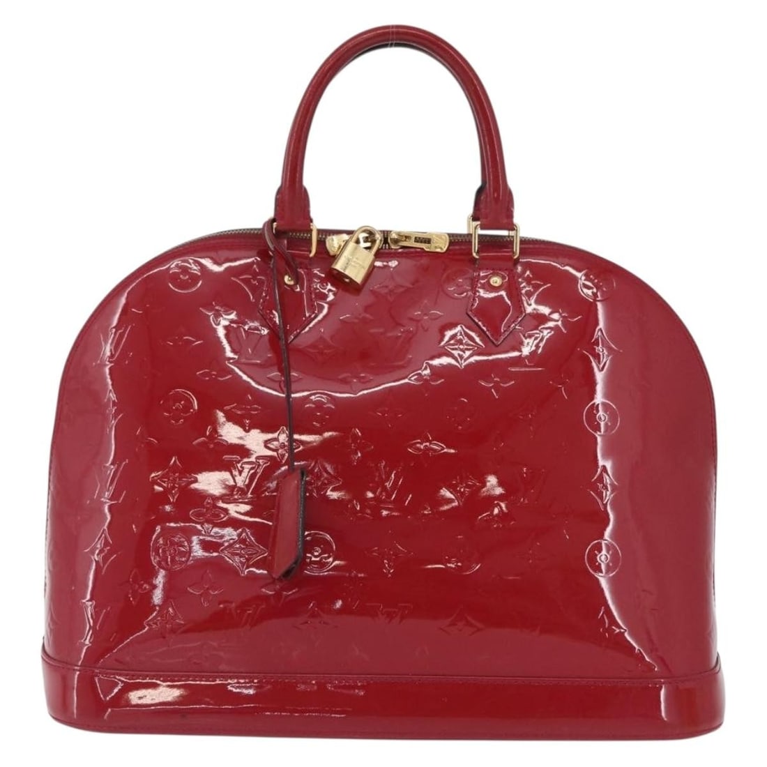 Louis Vuitton Pink Alma Patent Leather Handbag 39cm: Louis Vuitton Pink Alma Patent Leather Handbag 39cm This Louis Vuitton Alma handbag for women features the iconic Monogram Vernis patent leather in pink. It shows signs of wear including surface rubbi