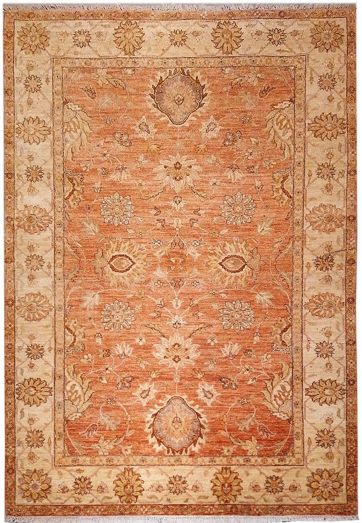 5 x 9 Hand-Knotted Oushak Chobi Zigler Rug in Soft Coral: 5 x 9 Hand-Knotted Oushak Chobi Zigler Rug in Soft Coral Free continental US Shipping Enhance your living space with this stunning 5' x 9' Oushak Chobi Zigler Rug, featuring a warm, soft coral color p