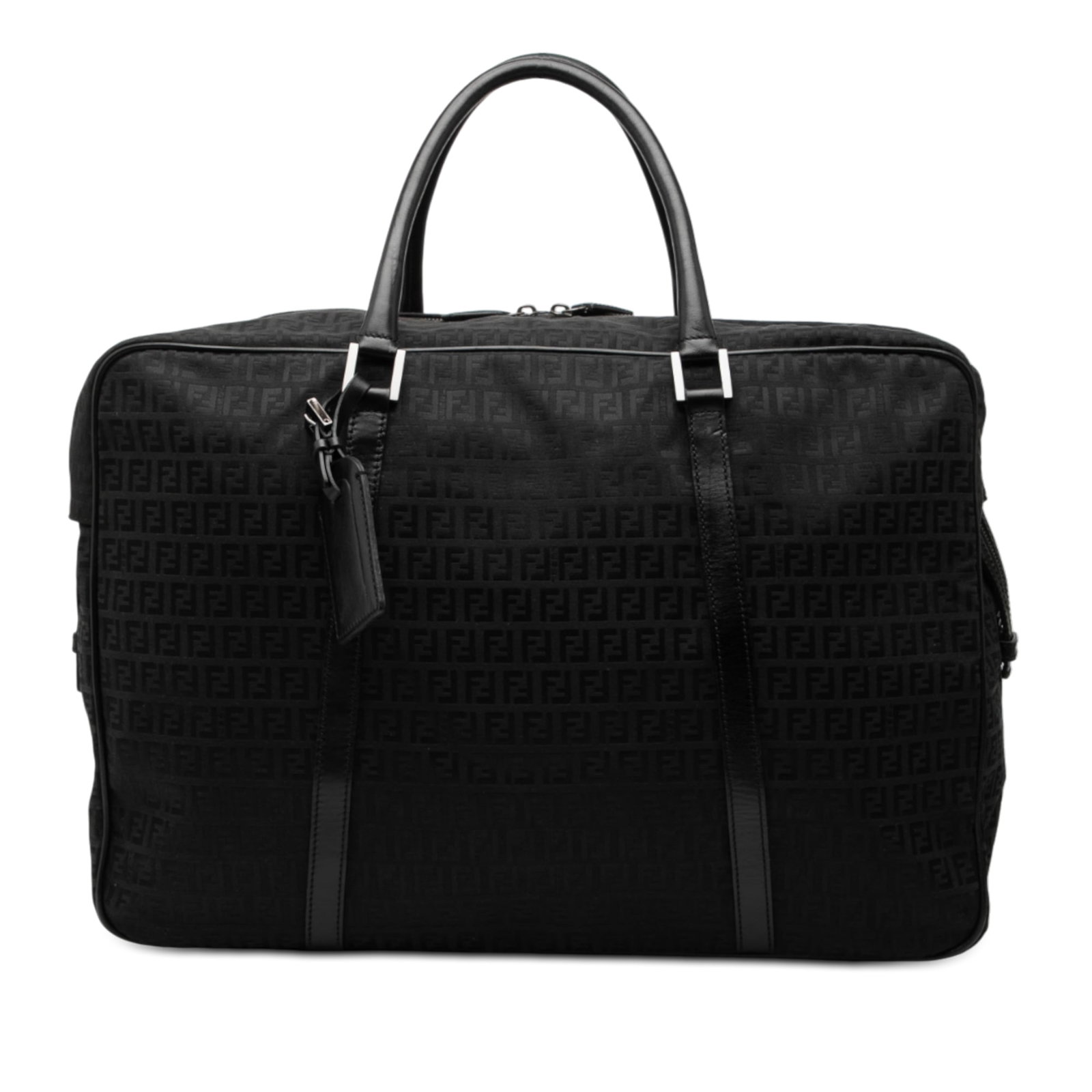 Fendi Zucchino Pattern Canvas Black Travel Tote with Leather Trim: Fendi Zucchino Pattern Canvas Black Travel Tote with Leather Trim This Fendi Zucchino Canvas Travel Bag features a canvas body with leather trim, rolled leather handles, a top zip closure, and an inte