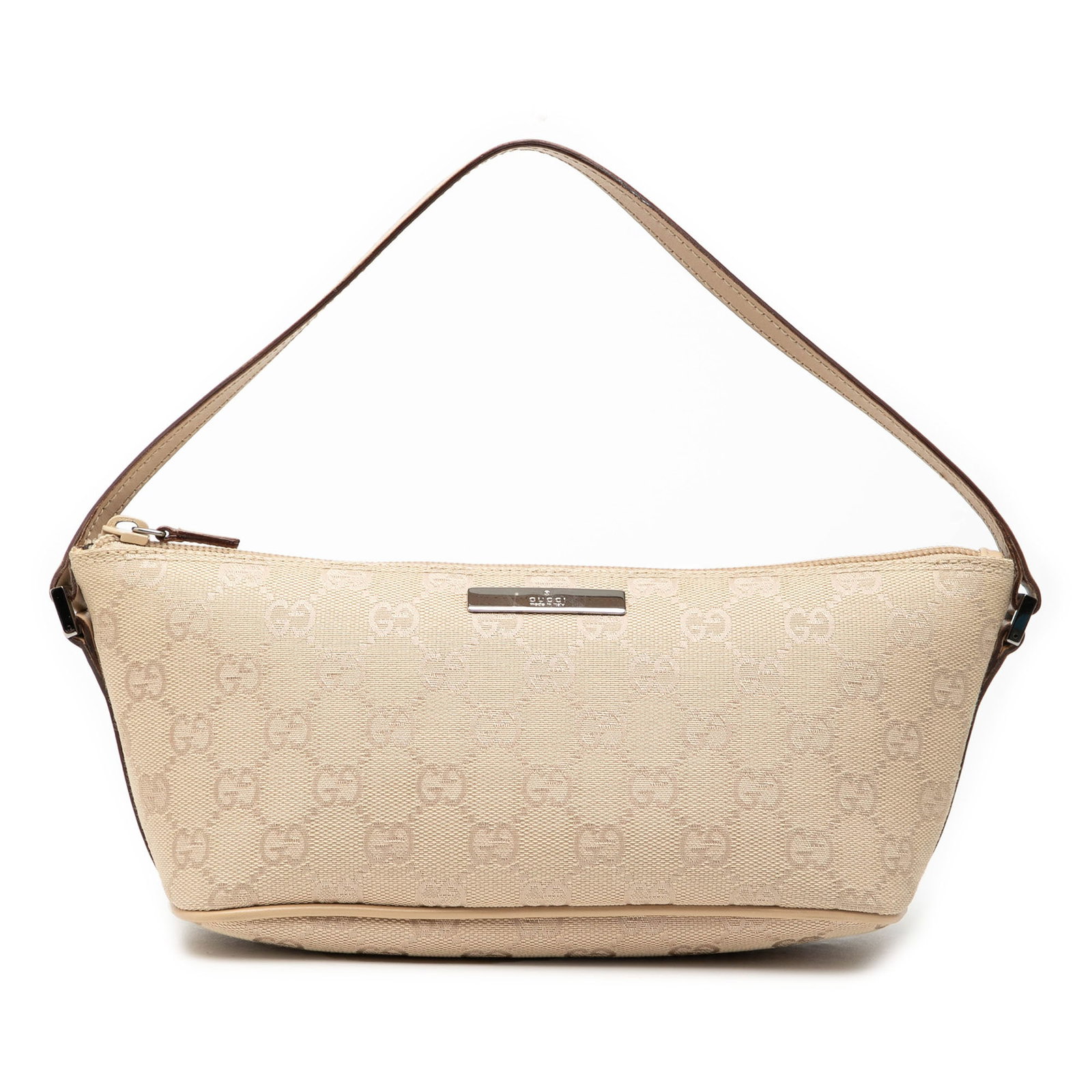 Shoulder Bag in GG Canvas Boat Style by Gucci Beige Fabric Italy: Shoulder Bag in GG Canvas Boat Style by Gucci Beige Fabric Italy This Gucci GG Canvas Boat shoulder bag features a beige canvas body with leather trim, a flat leather strap, and a top zip closure. The