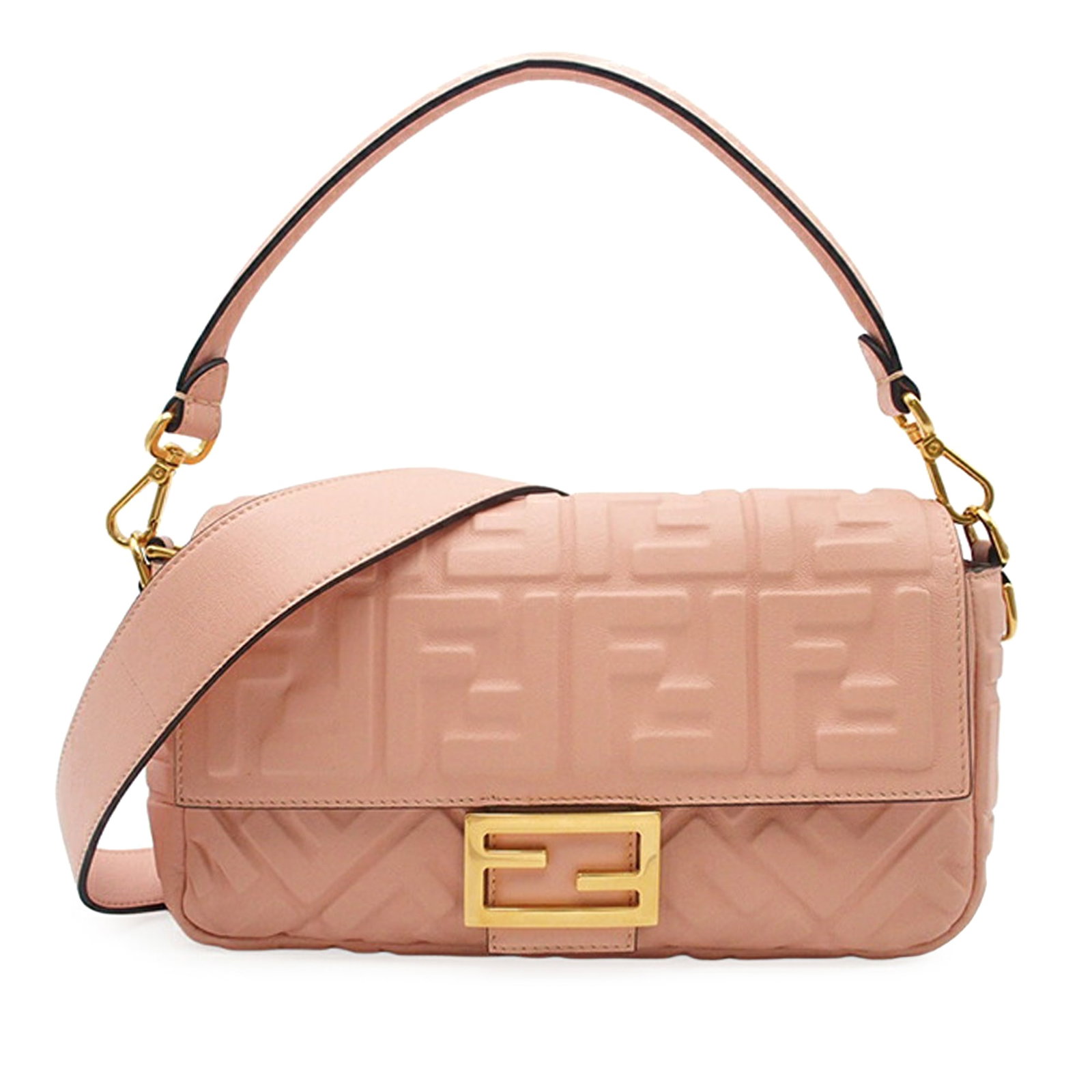 Fendi Baguette Satchel Pink Zucca Pattern Embossed Leather with Strap: Fendi Baguette Satchel Pink Zucca Pattern Embossed Leather with Strap This Fendi Zucca Embossed Leather Baguette Satchel features a pink embossed leather body, a flat leather handle, and a detachable