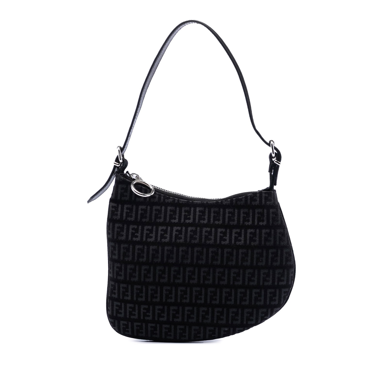 Fendi Zucchino Black Canvas Oyster Shoulder Purse with Leather Strap: Fendi Zucchino Black Canvas Oyster Shoulder Purse with Leather Strap This Fendi Zucchino Canvas Oyster Shoulder Bag features a canvas body with the iconic Zucchino pattern, a flat leather shoulder str