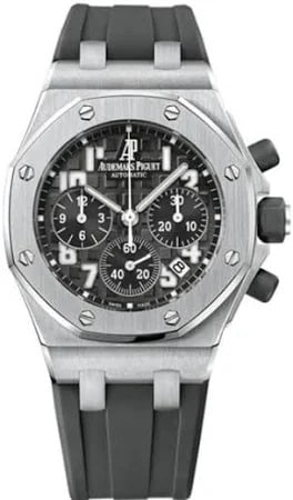 Royal Oak Offshore Chronograph Watch with Black Arabic Dial Rubber Strap Ref 26283ST: Royal Oak Offshore Chronograph Watch with Black Arabic Dial Rubber Strap Ref 26283ST This Audemars Piguet Royal Oak Offshore features a black Arabic chronograph dial, complemented by a durable rubber