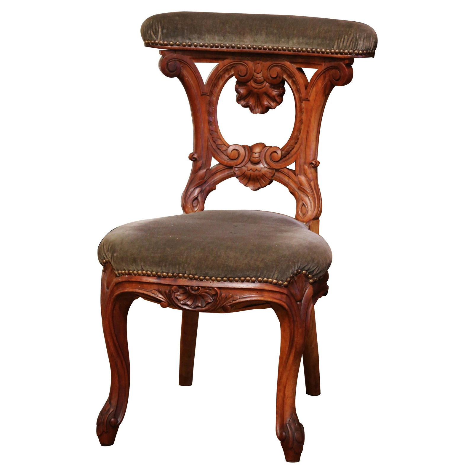 Louis XV Style French Walnut Prie-Dieu Prayer Chair with Green Velvet Upholstery (1 of 10)