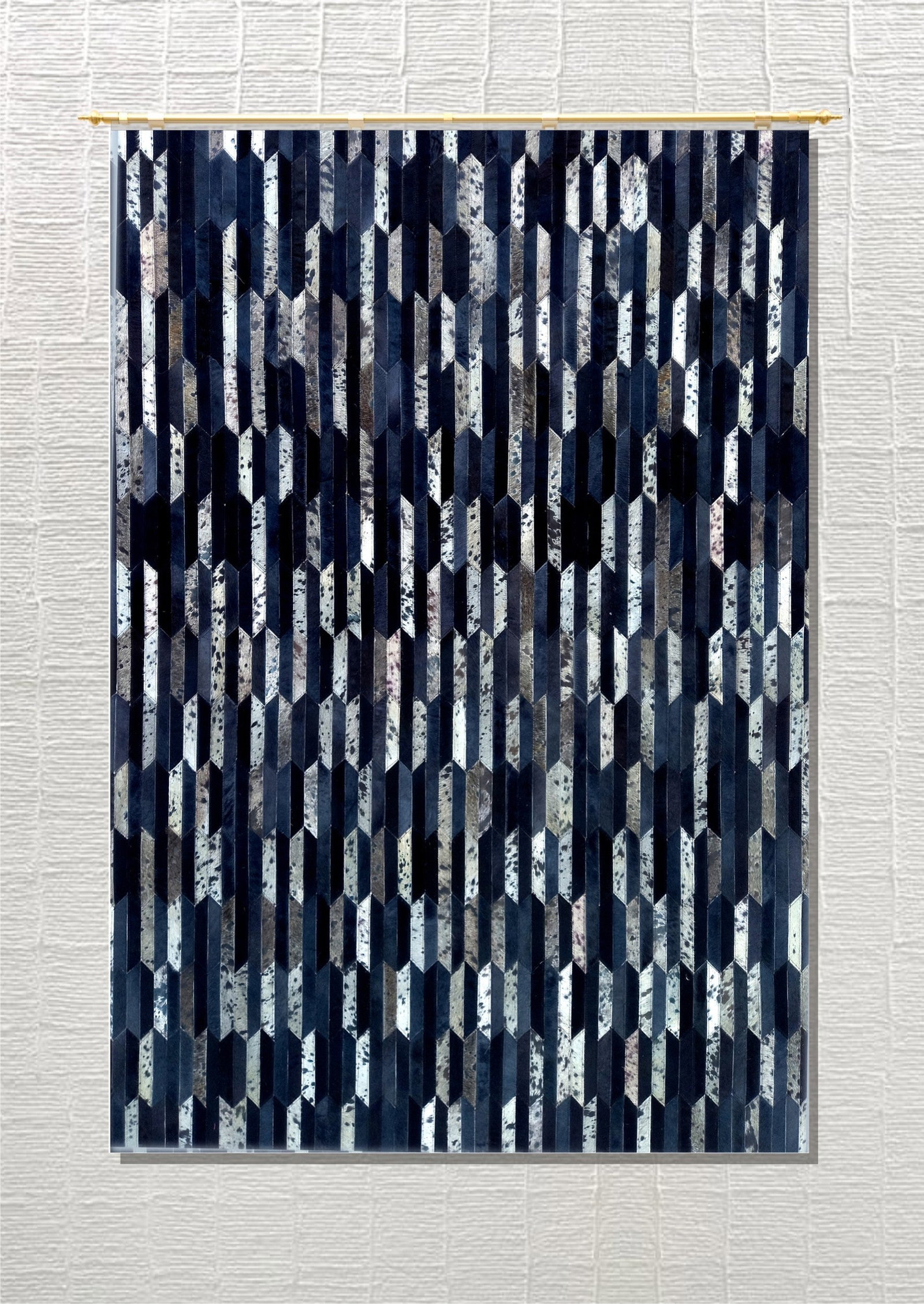 Handmade Obsidian and Silver Chevron Patchwork Cowhide Leather Area Rug 3ft x 5ft: Handmade Obsidian and Silver Chevron Patchwork Cowhide Leather Area Rug 3ft x 5ft Free continental US Shipping This handmade area rug features a striking geometric chevron pattern crafted from 100% ge