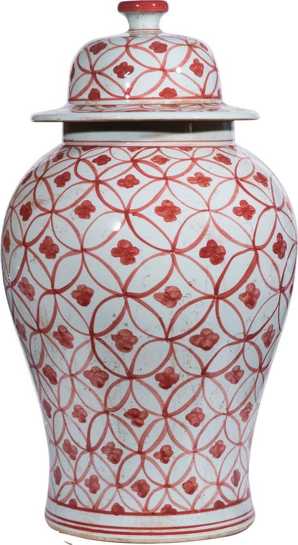 Handcrafted Coral Red Chinoiserie Coin Flower Jar 18H (1 of 4)