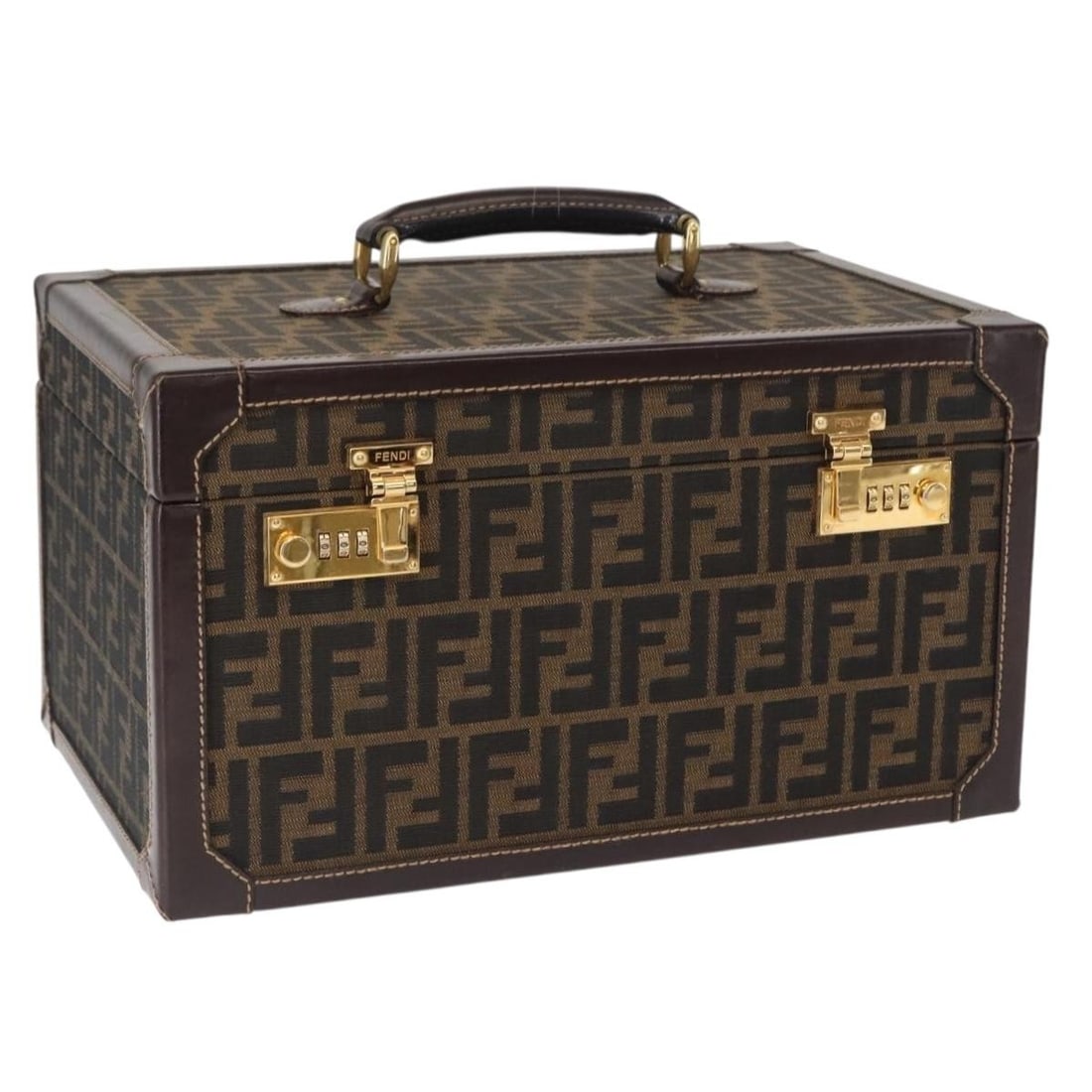 FENDI Zucca Canvas Vanity Case Black Brown Trunk with Dust Bag: FENDI Zucca Canvas Vanity Case Black Brown Trunk with Dust Bag This Fendi Vanity Case is crafted from iconic Zucca Canvas in a sophisticated black and brown colorway. Designed as a stylish trunk, it f