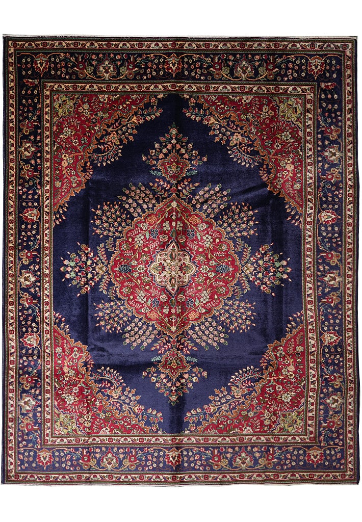 Persian Tabriz Hand-Knotted Wool Rug 123 x 151 in Dark Blue Floral 1980s (1 of 14)