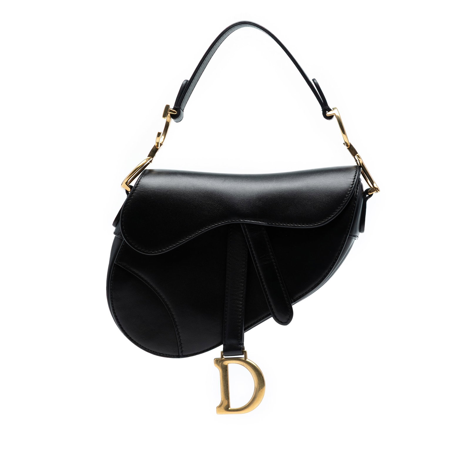 Dior Mini Black Smooth Calfskin Saddle Bag: Dior Mini Black Smooth Calfskin Saddle Bag The Dior Mini Smooth Calfskin Saddle Bag is a chic and stylish accessory crafted from premium black leather. It features a flat leather shoulder strap for co