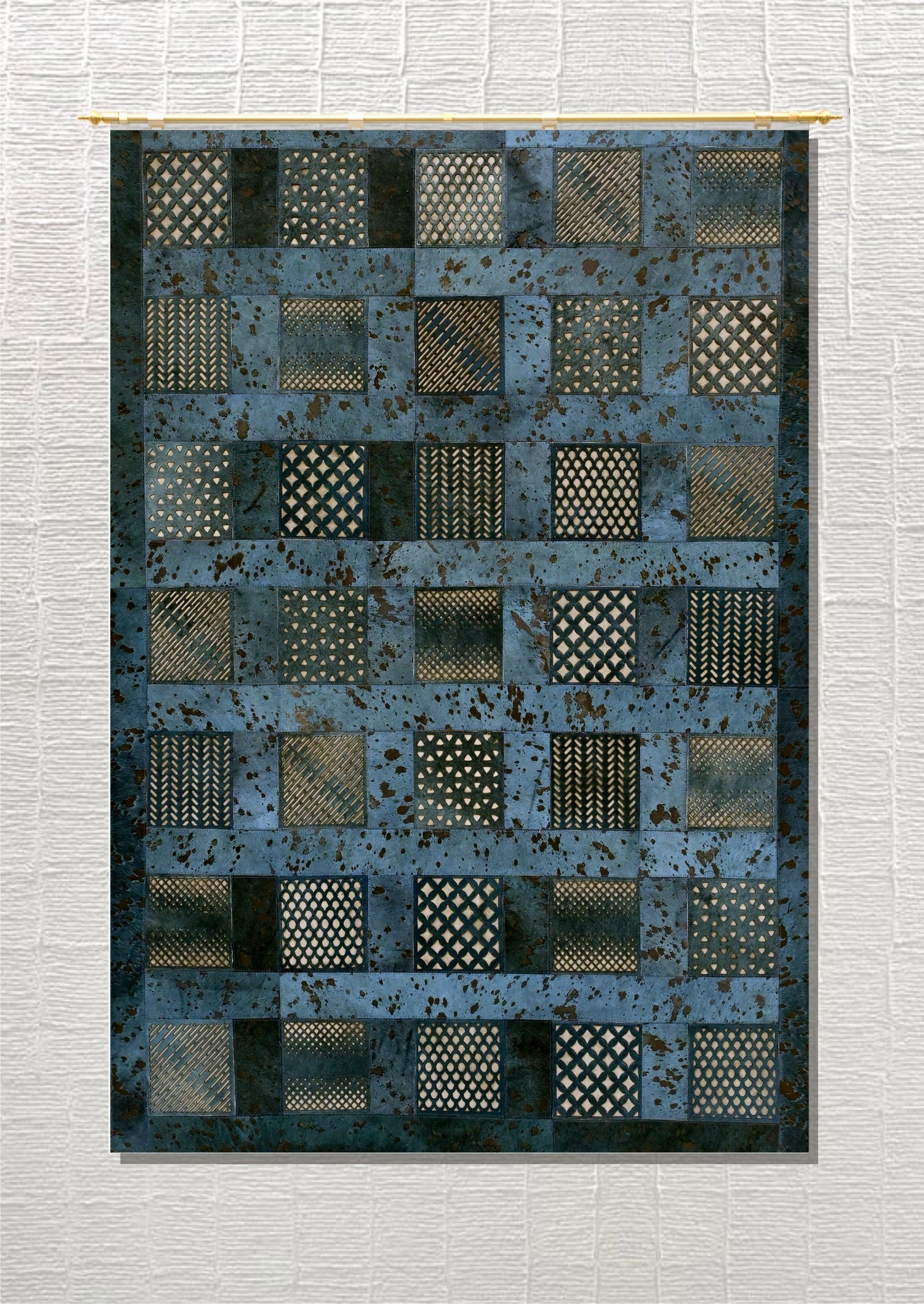 Handmade Indigo Grid Patchwork Cowhide Leather Rug 3ft x 5ft (1 of 1)