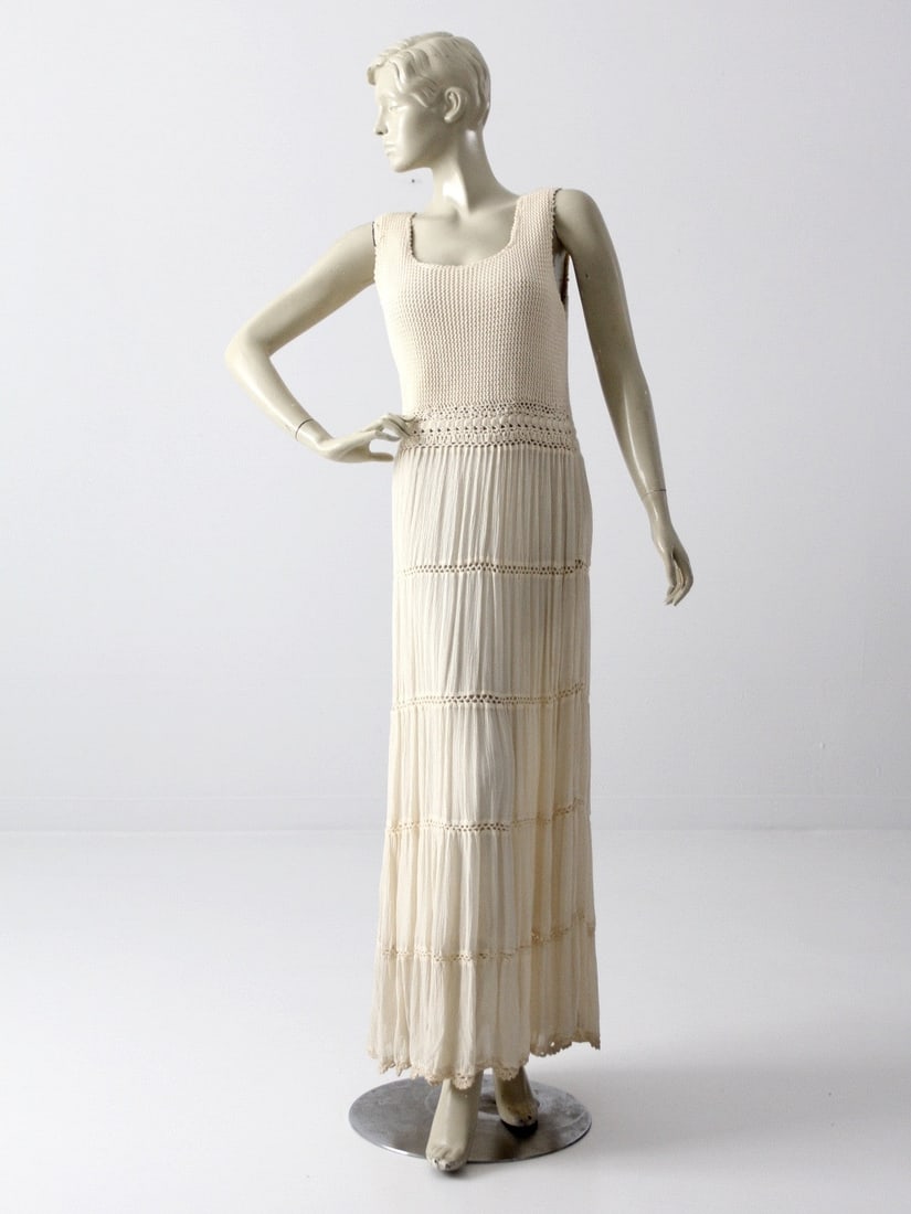 1970s Vintage Crochet Maxi Dress Cream Cotton Tiered Style (1 of 8)