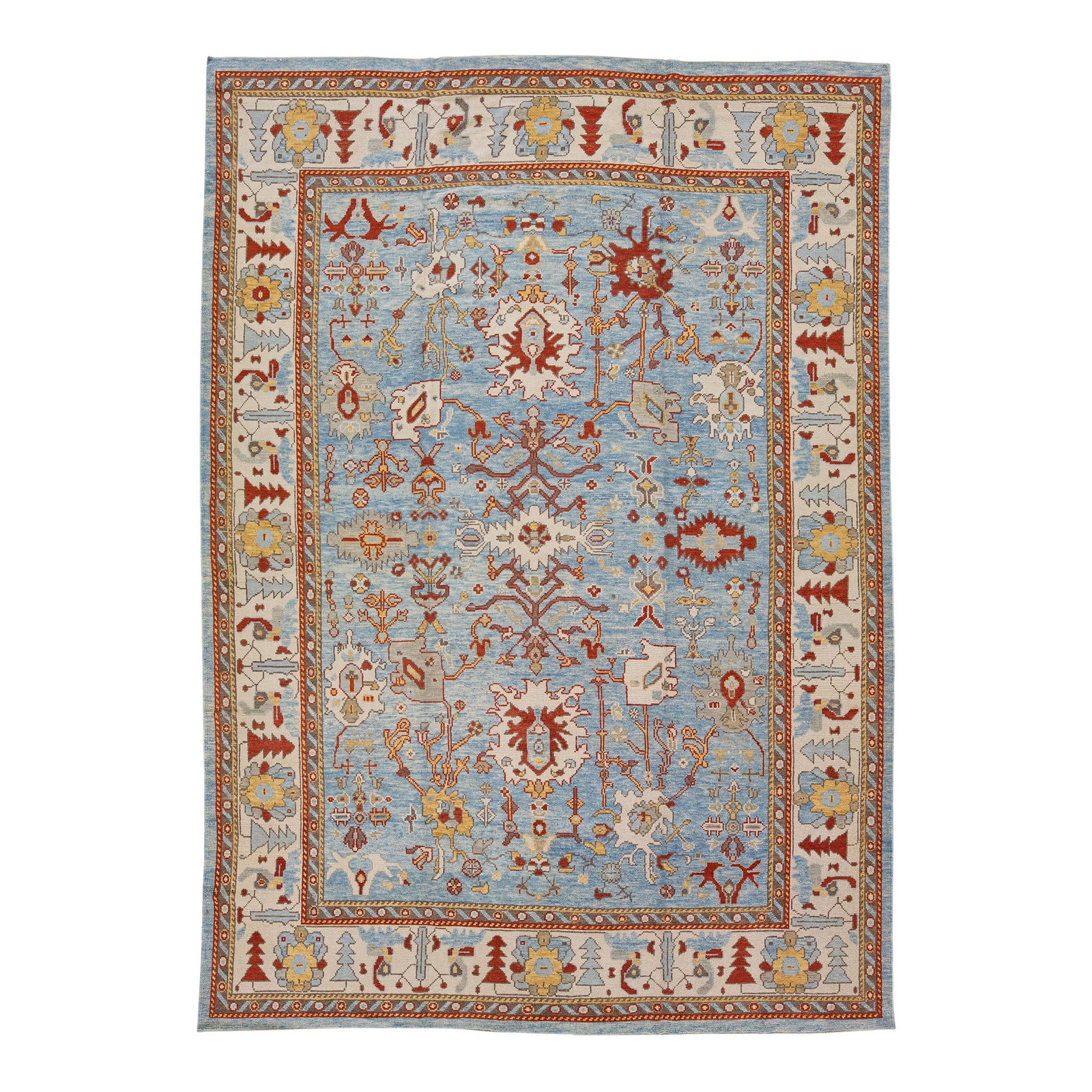 Modern Turkish Oushak Blue Floral Wool Rug 9'2 x 12'11: Modern Turkish Oushak Blue Floral Wool Rug 9'2 x 12'11 This stunning modern Turkish Oushak rug showcases an exquisite hand-knotted design in a vibrant blue color field. The piece features a beige fram