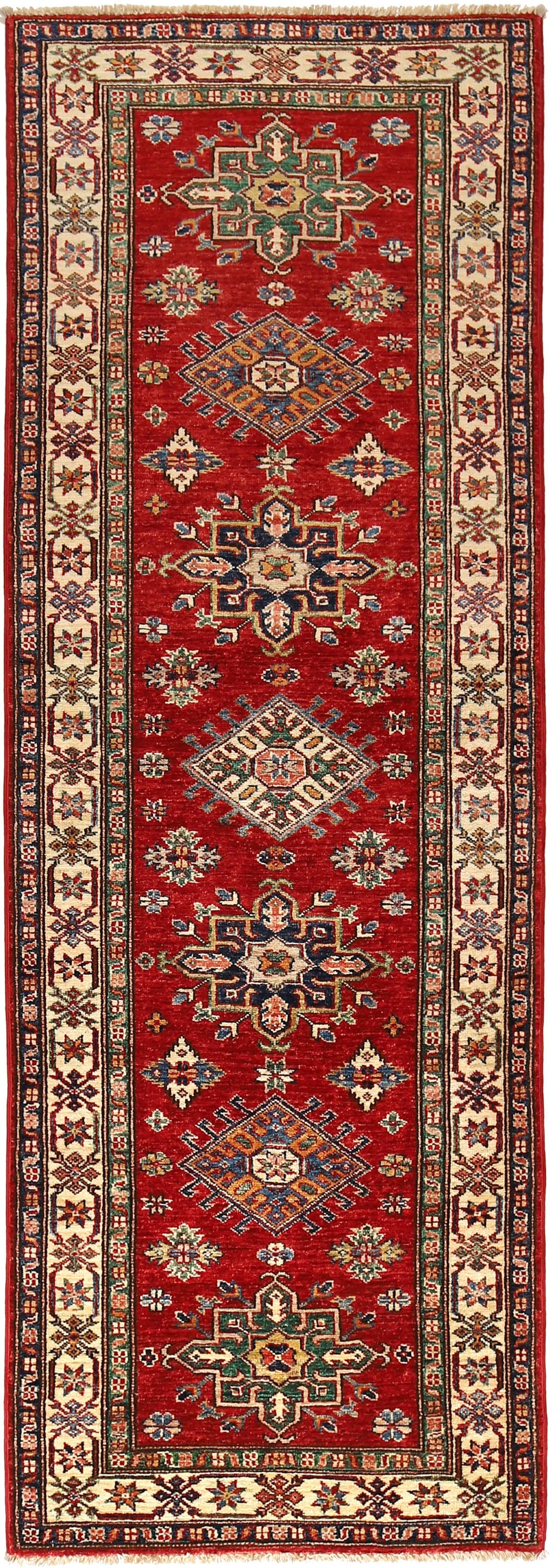 2.9 x 8.1 Super Kazak Hand-knotted Wool Runner Rug Red Geometric: 2.9 x 8.1 Super Kazak Hand-knotted Wool Runner Rug Red Geometric Free continental US Shipping Introduce timeless elegance into your home with this 2.9 x 8.1 Super Kazak Runner Rug, showcasing exquisit