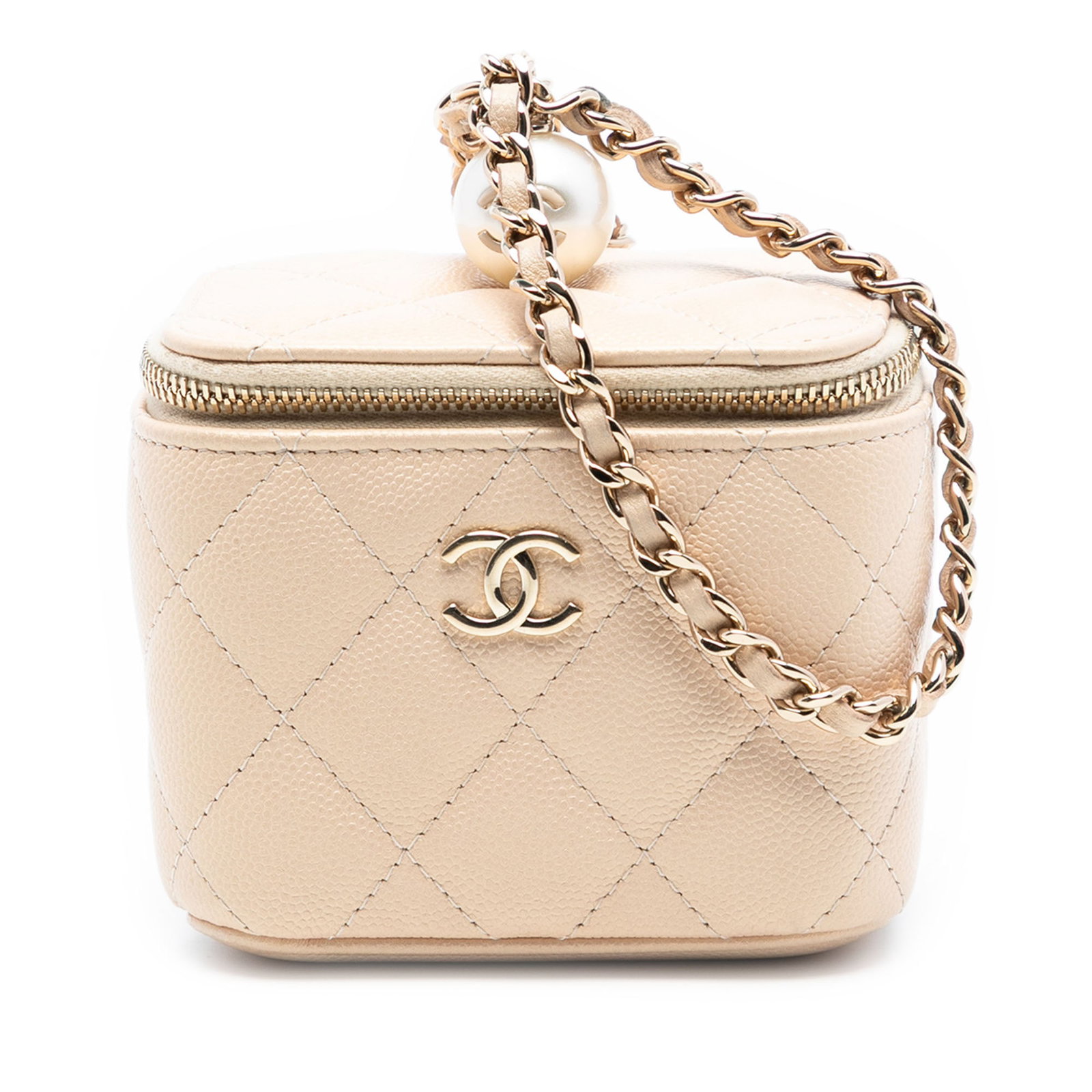 Chanel Mini Iridescent Caviar Vanity Bag with Chain Strap: Chanel Mini Iridescent Caviar Vanity Bag with Chain Strap This Chanel Mini Quilted Iridescent Caviar Pearl On Top Vanity Case features a quilted caviar leather body, a leather-woven chain strap, and a