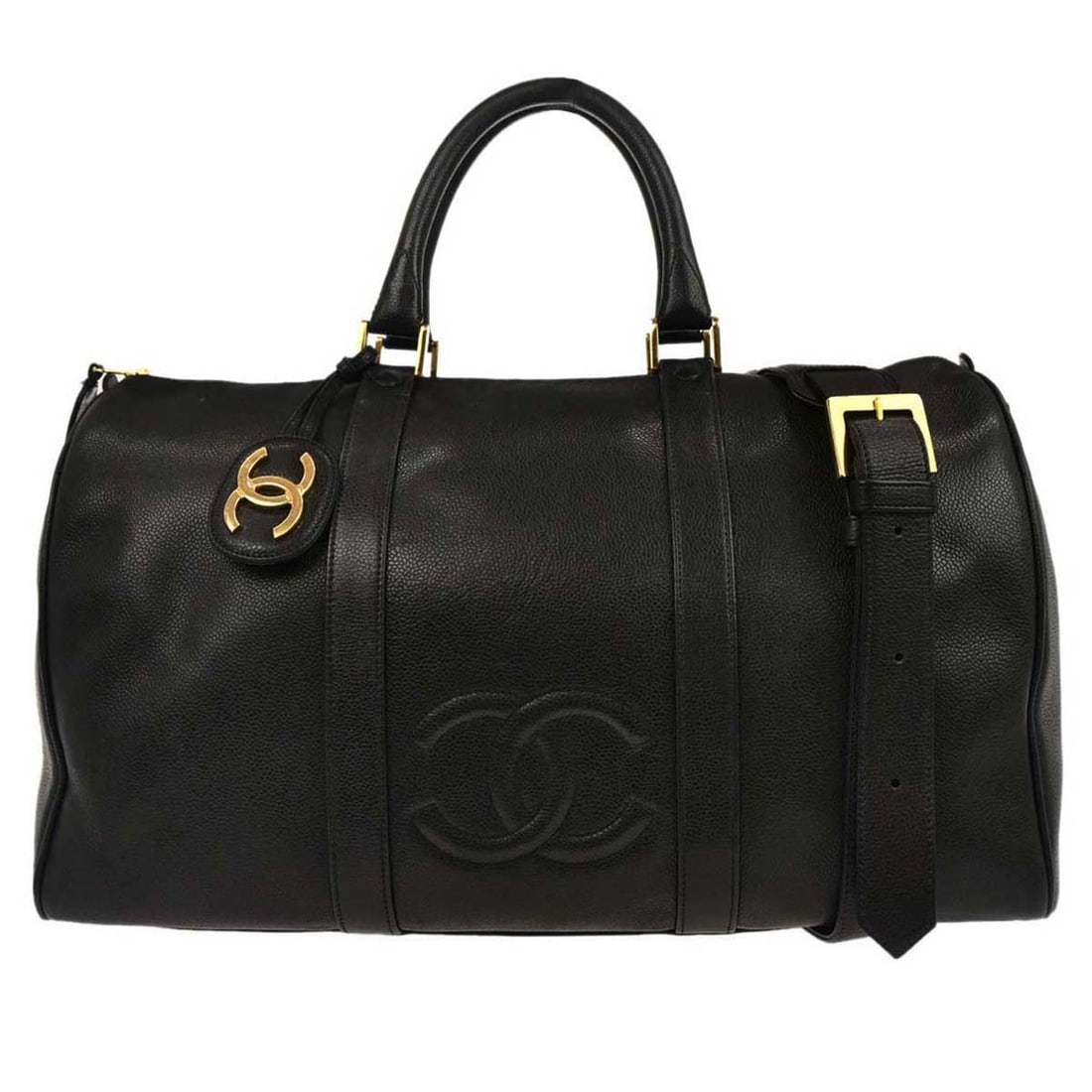Black Calfskin Extra Large Duffle Bag with Double Handles by Chanel: Black Calfskin Extra Large Duffle Bag with Double Handles by Chanel This Chanel duffle handbag is crafted from black calfskin leather and features a versatile 2-way design with both double handles and