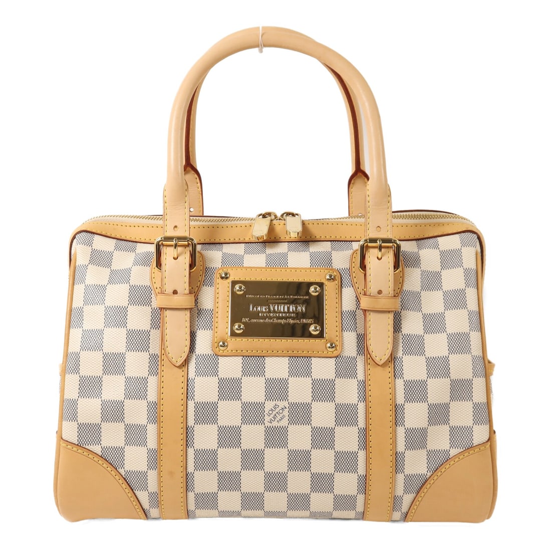 Louis Vuitton Berkeley Damier Azur White Handbag with Gold Hardware: Louis Vuitton Berkeley Damier Azur White Handbag with Gold Hardware This Louis Vuitton Berkeley handbag features the iconic Damier Azur pattern in white on PVC coated canvas. Designed for women, it of