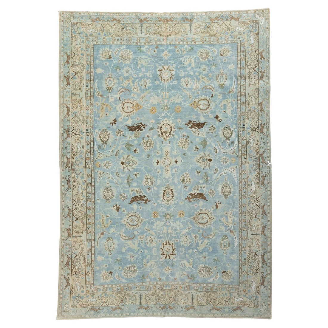 Early 20th Century Light Blue Persian Tabriz Rug with Animal Motif: Early 20th Century Light Blue Persian Tabriz Rug with Animal Motif This exquisite light blue Persian Tabriz rug showcases a captivating folk art style, intricately hand-woven from high-quality wool. T
