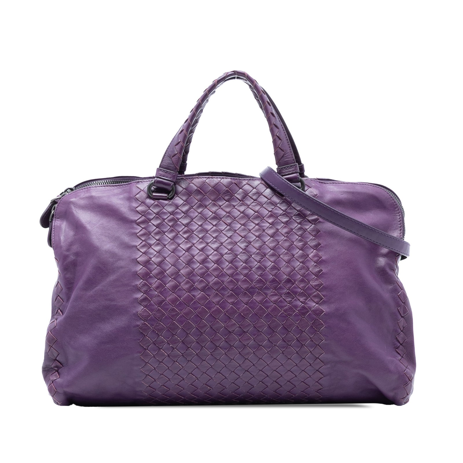 Bottega Veneta Intrecciato Large Leather Satchel with Woven Detailing: Bottega Veneta Intrecciato Large Leather Satchel with Woven Detailing This Bottega Veneta Large Nappa Intrecciato Leggero Satchel showcases the brand's signature woven leather design. The bag features