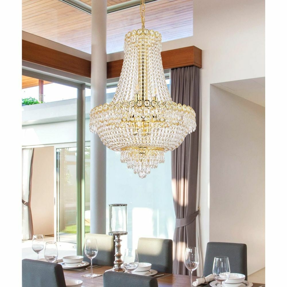 Century Royal Cut Crystal 12 Light Gold Empire Chandelier for Dining or Foyer: Century Royal Cut Crystal 12 Light Gold Empire Chandelier for Dining or Foyer This modern Empire-style chandelier features 12 lights and is crafted with gold-plated finish and royal cut clear crystals